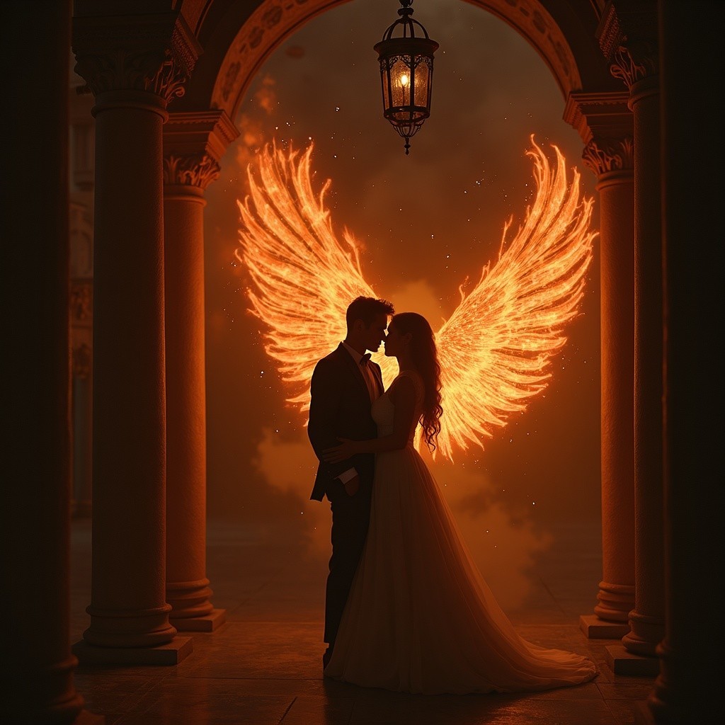 Couple Embraced Under Arches with Mystical Wings