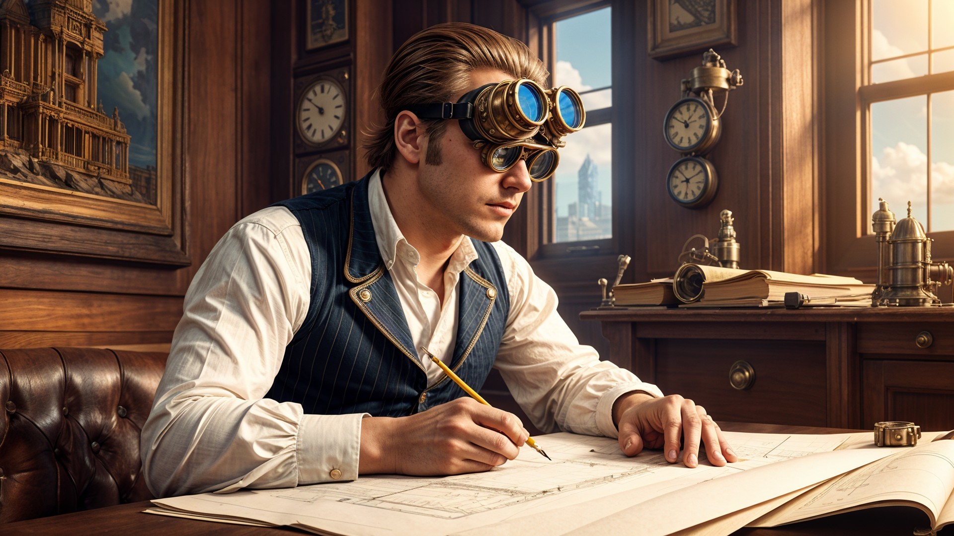 Young man sketching designs in vintage steampunk room