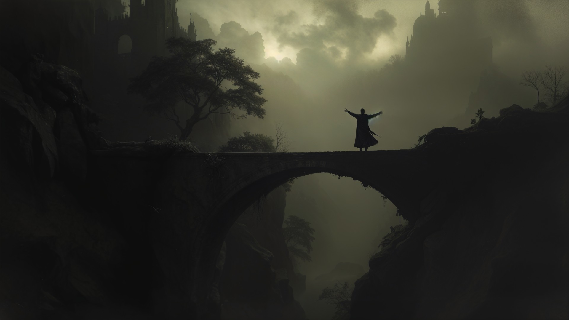 Silhouetted Figure on Ancient Bridge in Misty Landscape