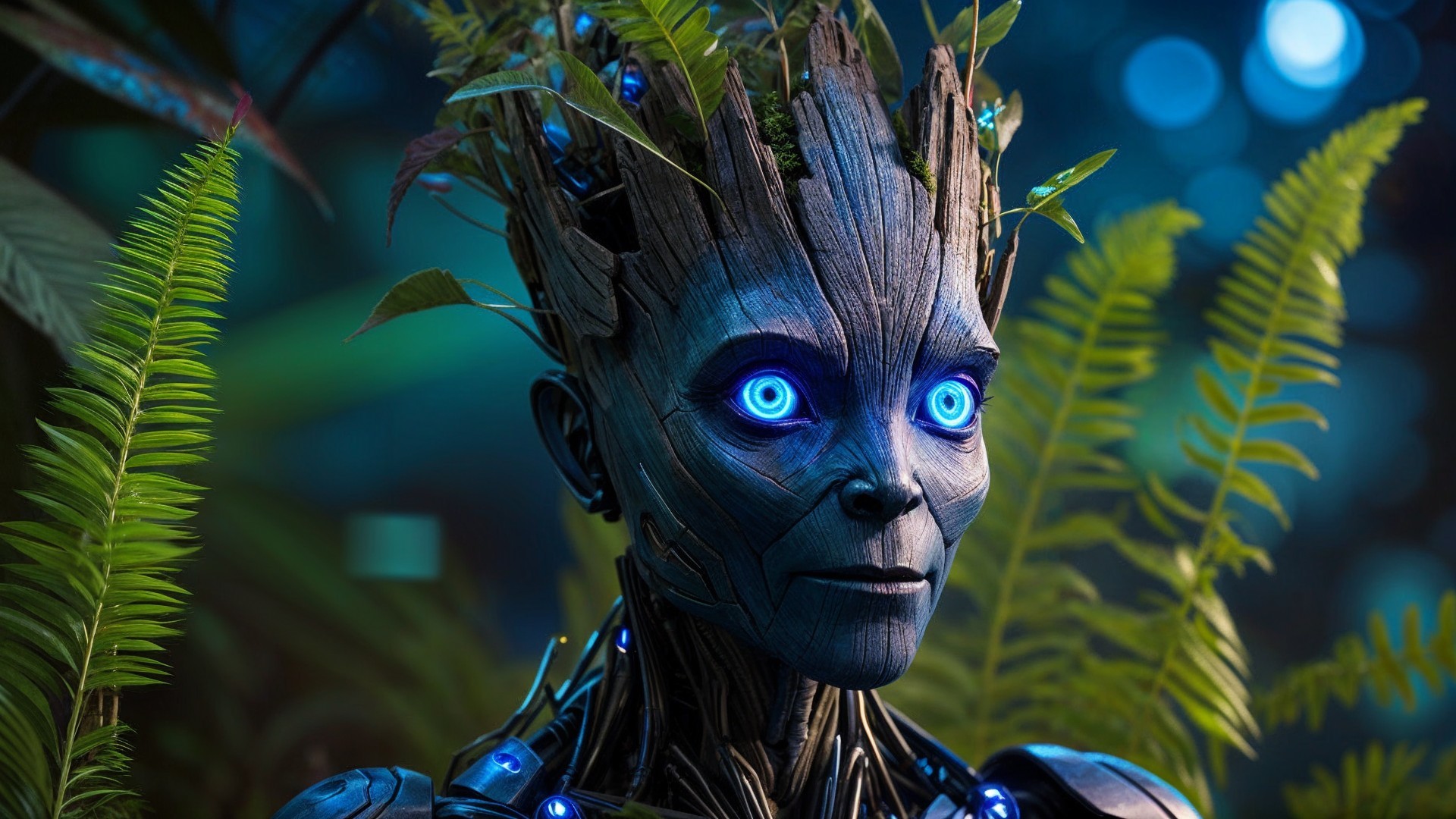 Futuristic humanoid robot with wooden skin and greenery