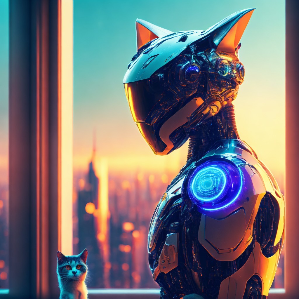 Futuristic Cat-like Robot Overlooking City at Sunset