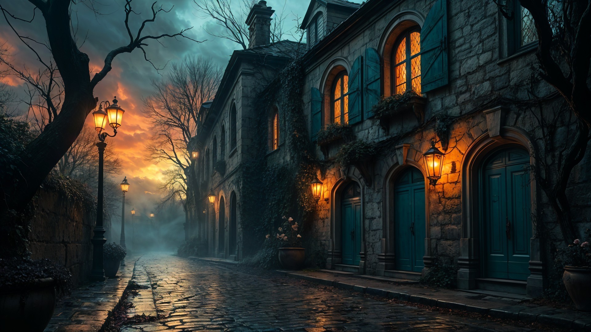 Misty Street with Warm Lamplight and Historic Buildings