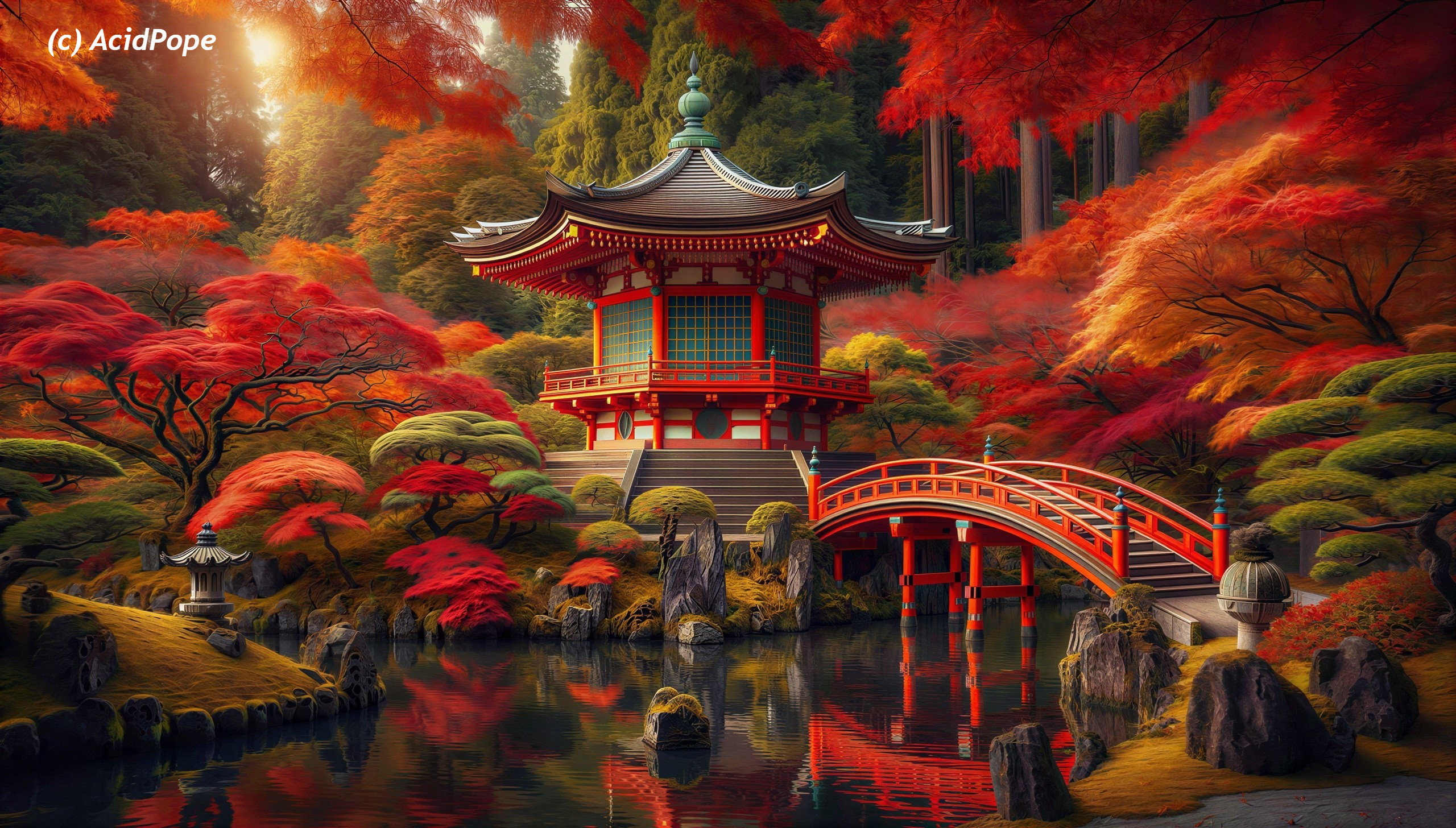 Vibrant Japanese Garden and Pond in Autumn Serenity