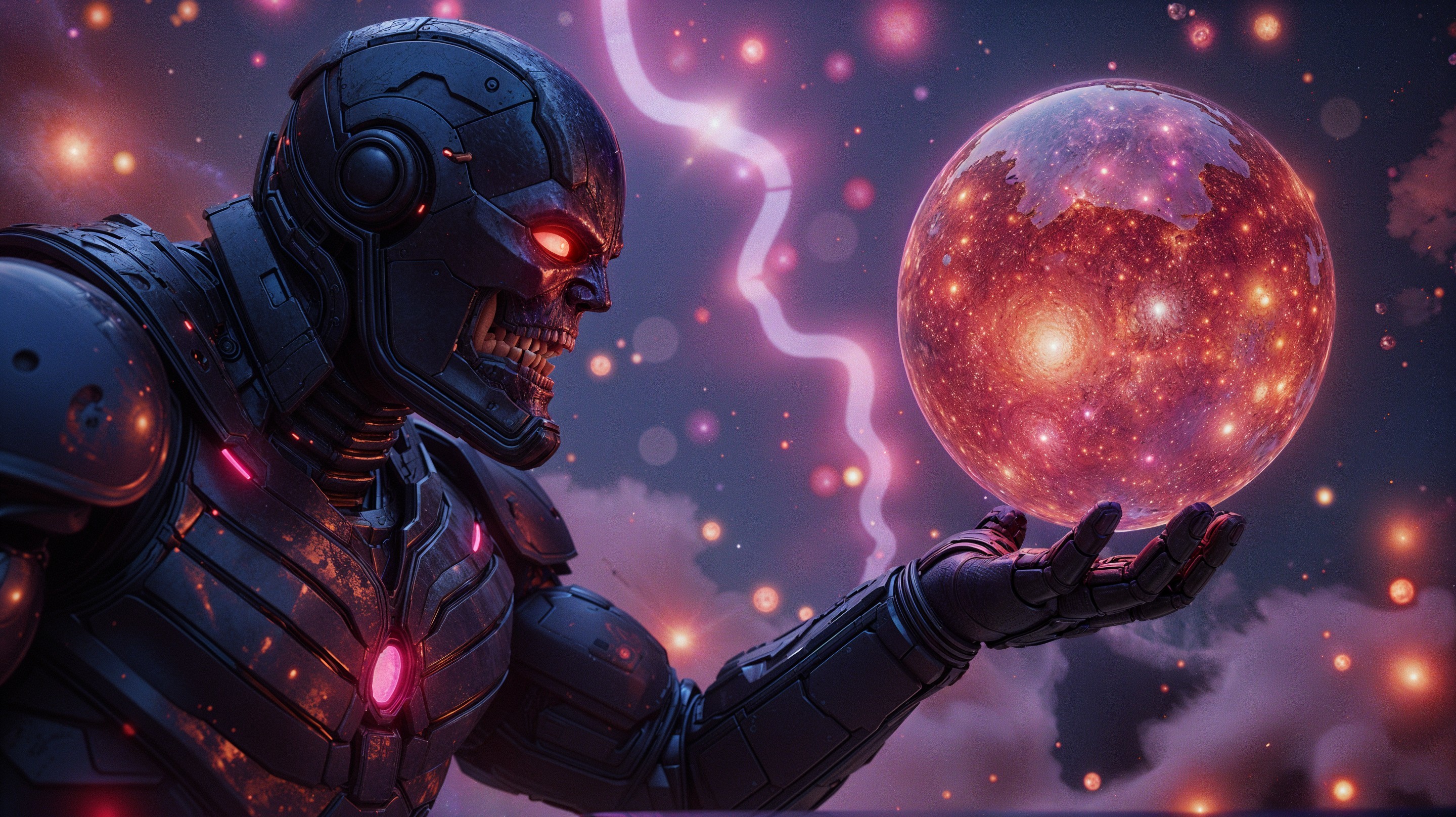 Futuristic Cyborg with Metallic Skull in Cosmic Setting