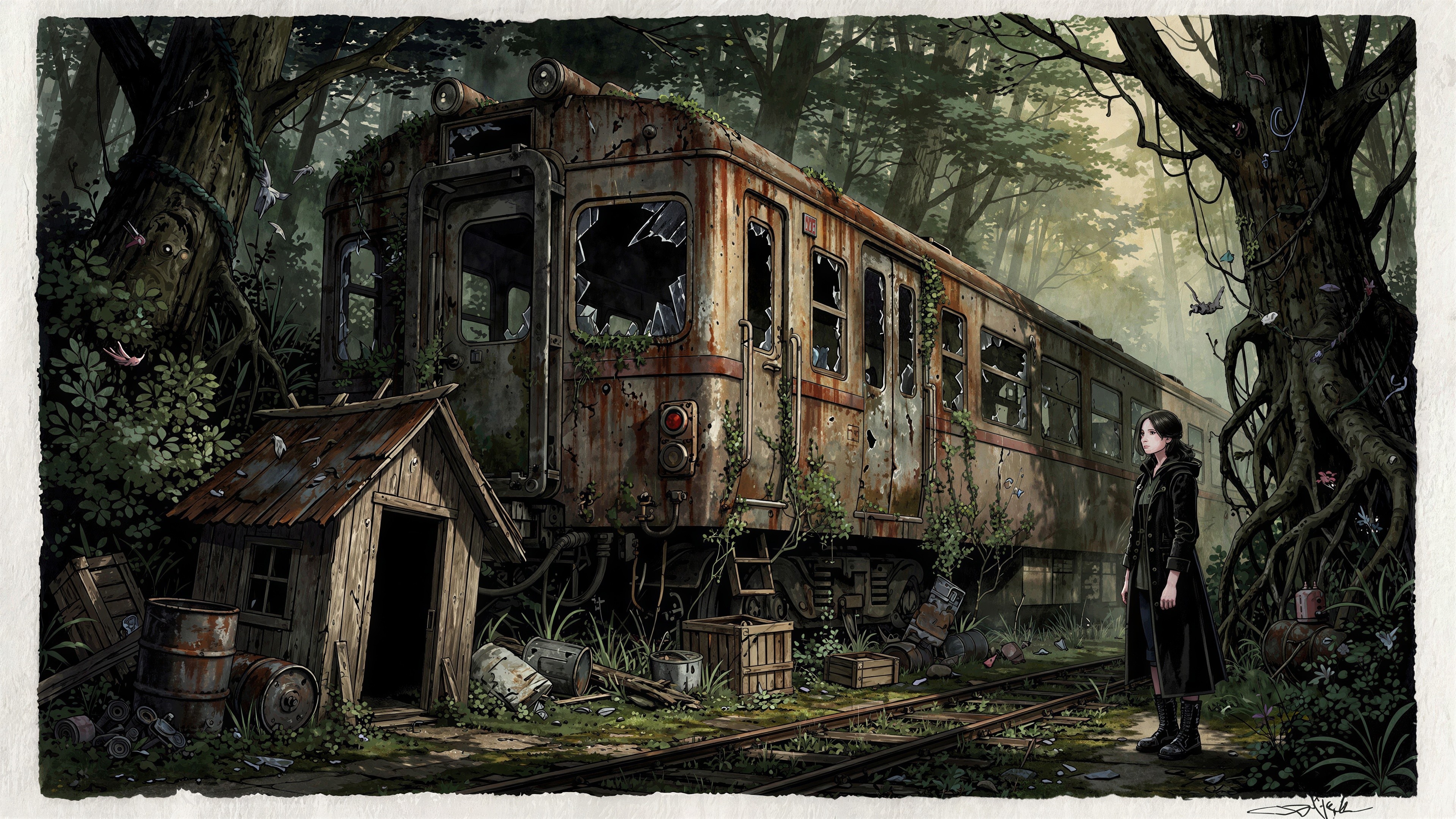 Lone Woman by Abandoned Train in Overgrown Forest
