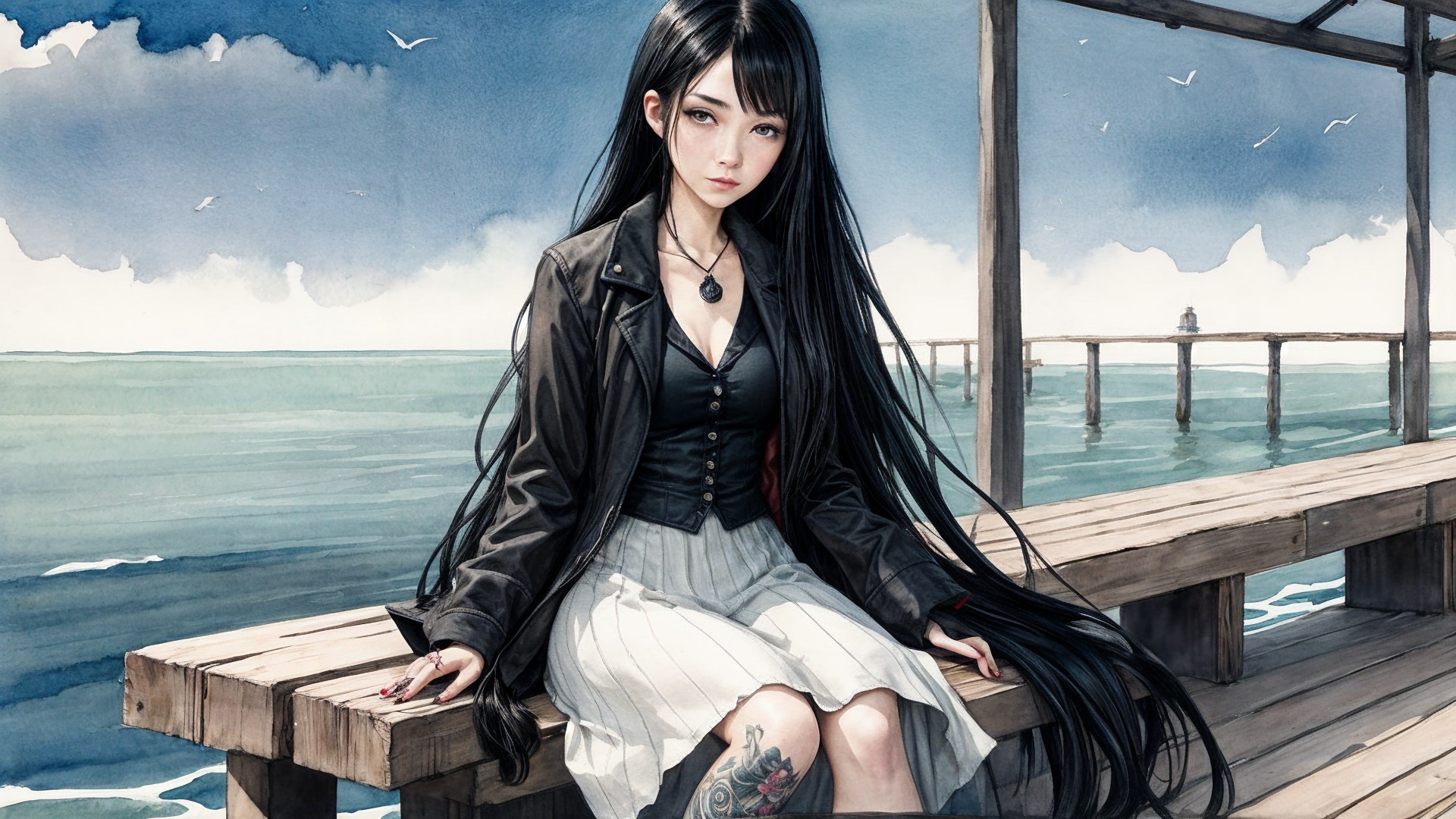 Young woman on pier with ocean backdrop and seagulls