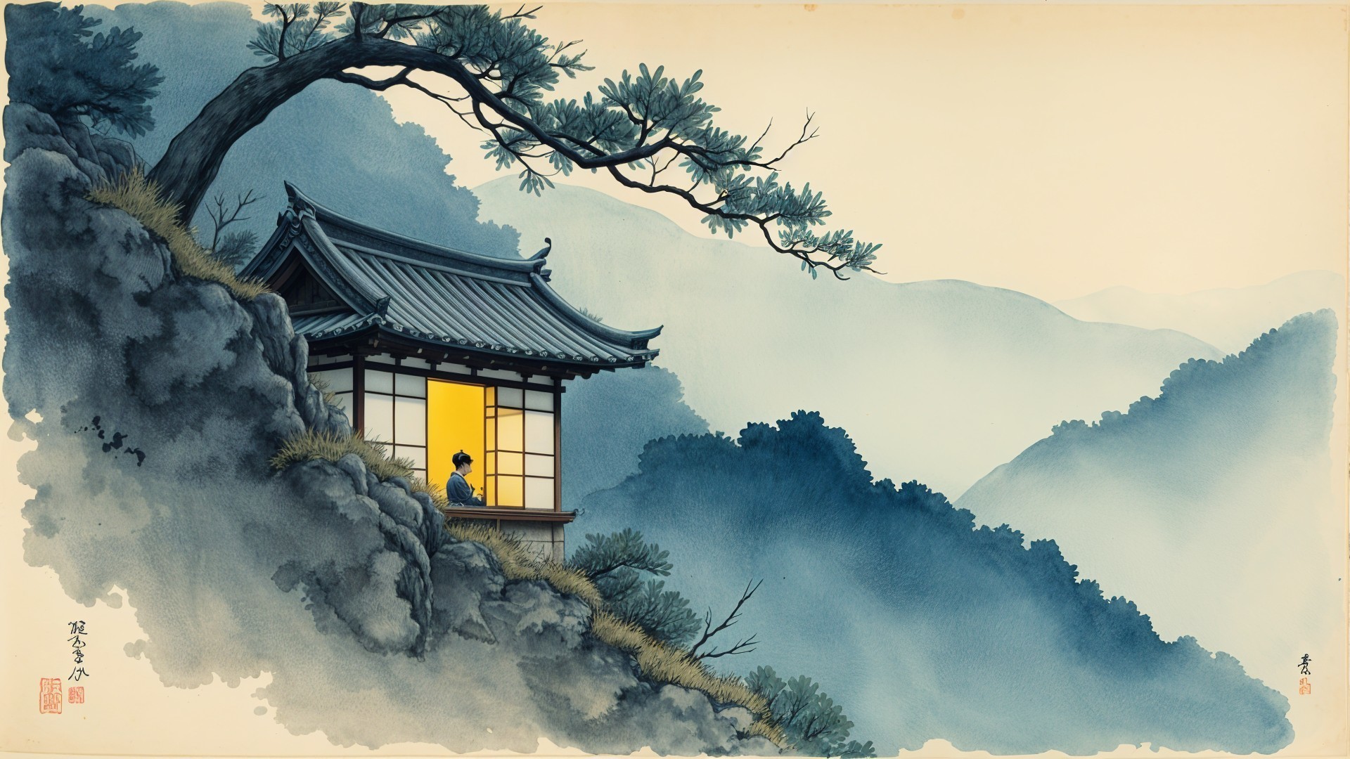 Serene Asian Landscape with Traditional Building and Figure