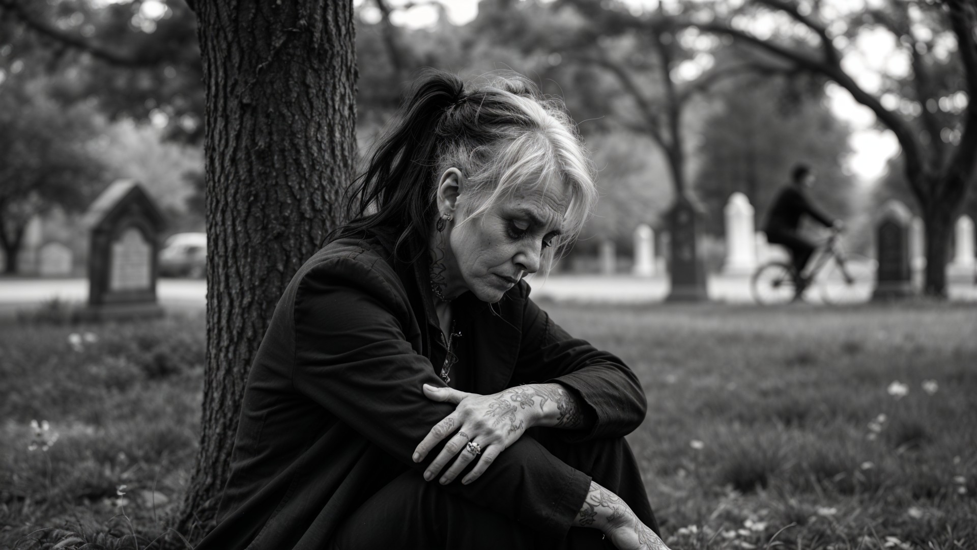 Woman with Two-Toned Hair in Serene Cemetery Setting