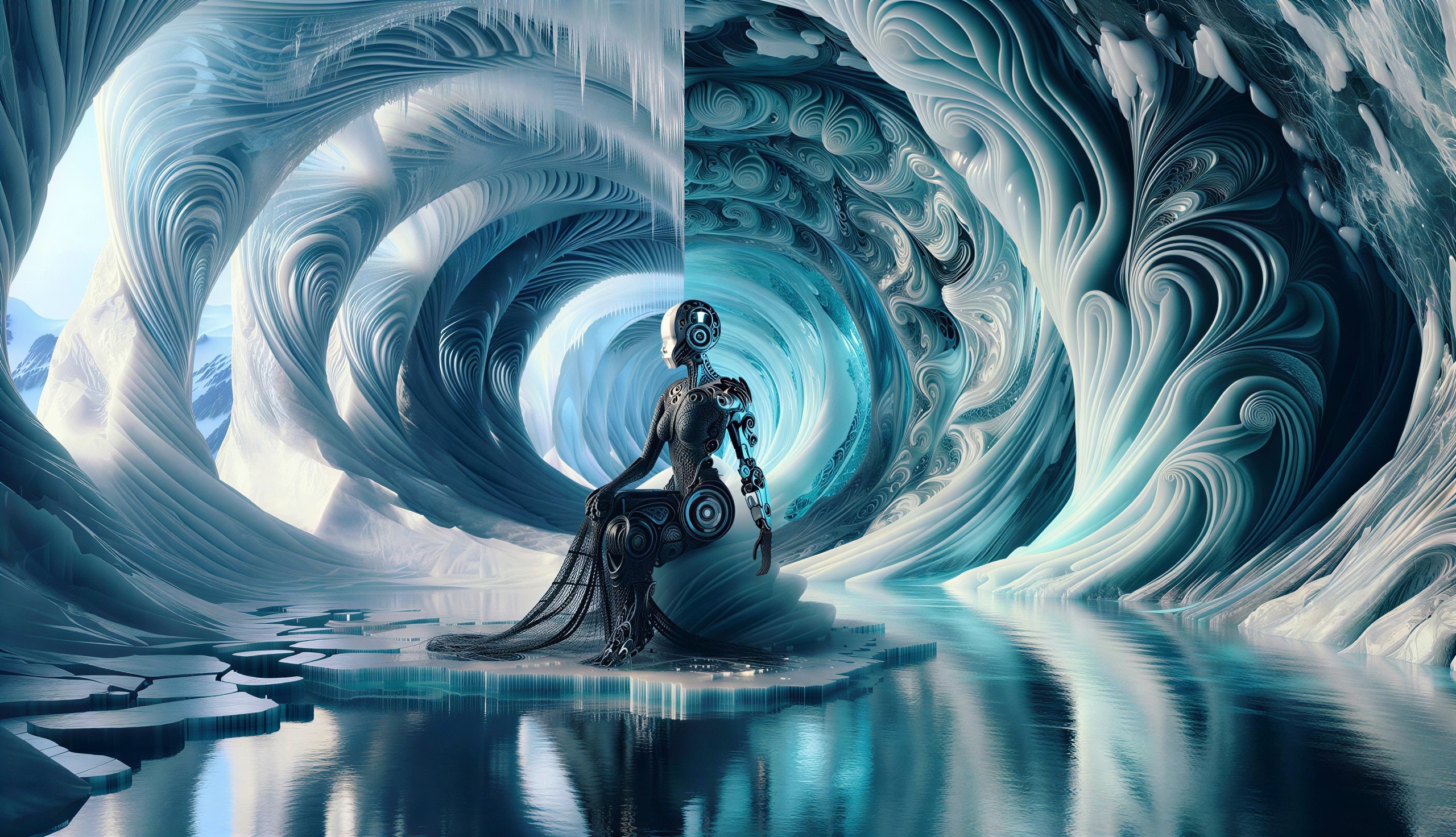 Female Cyborg in Ice Cave with Glowing Eyes