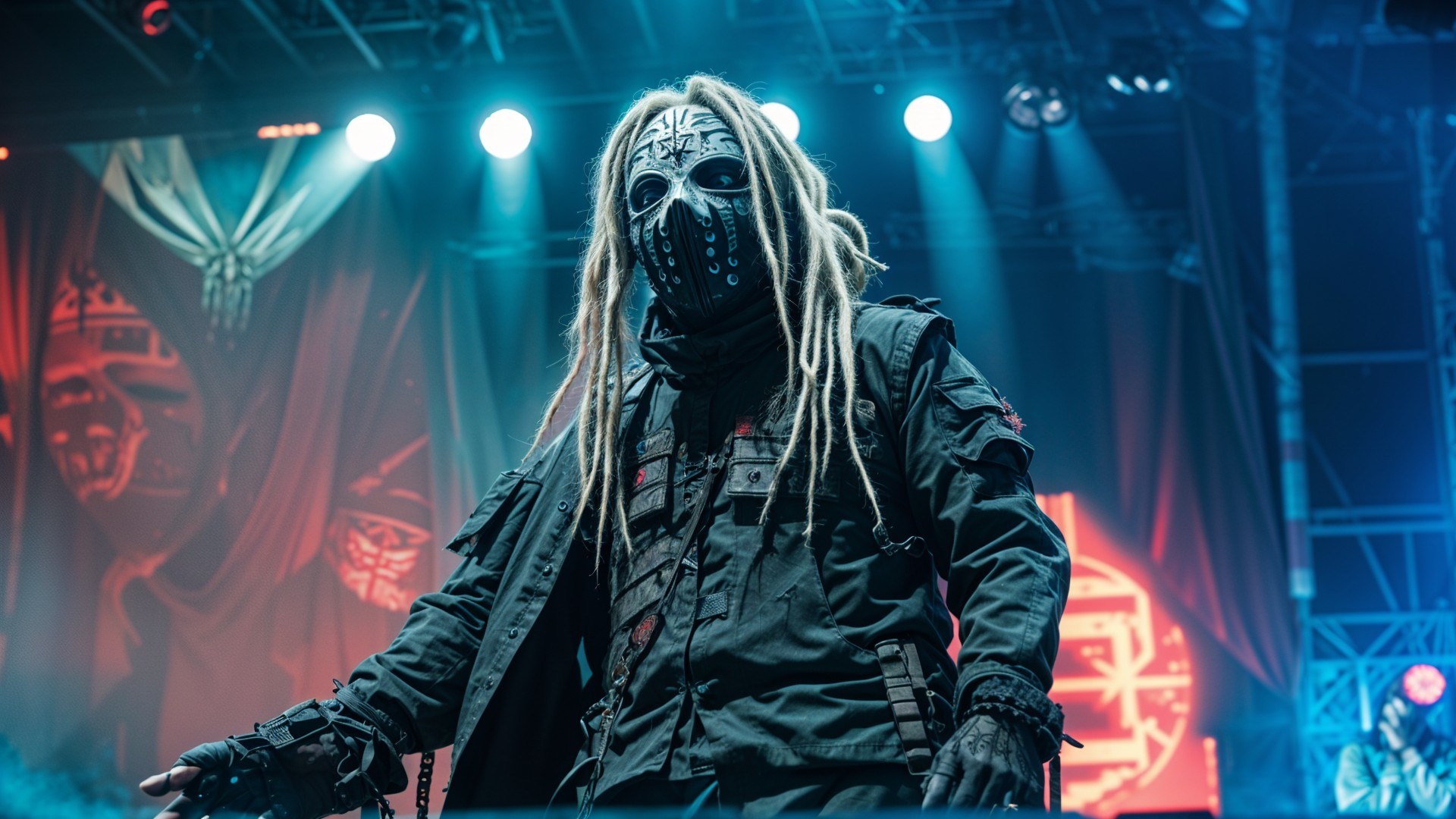 Dramatic Performer in Black Outfit and Unique Mask