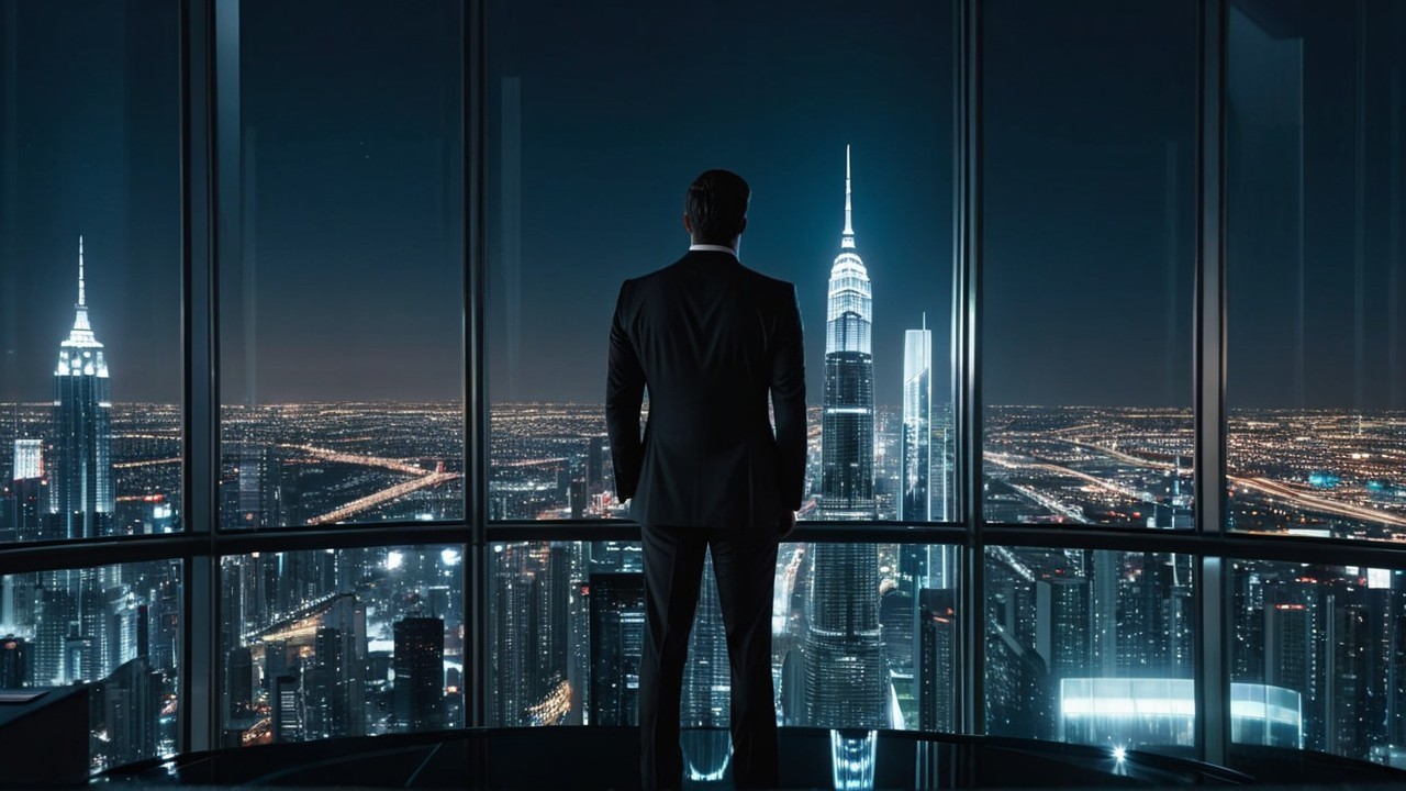 Silhouette of a Man Against a City Skyline at Night