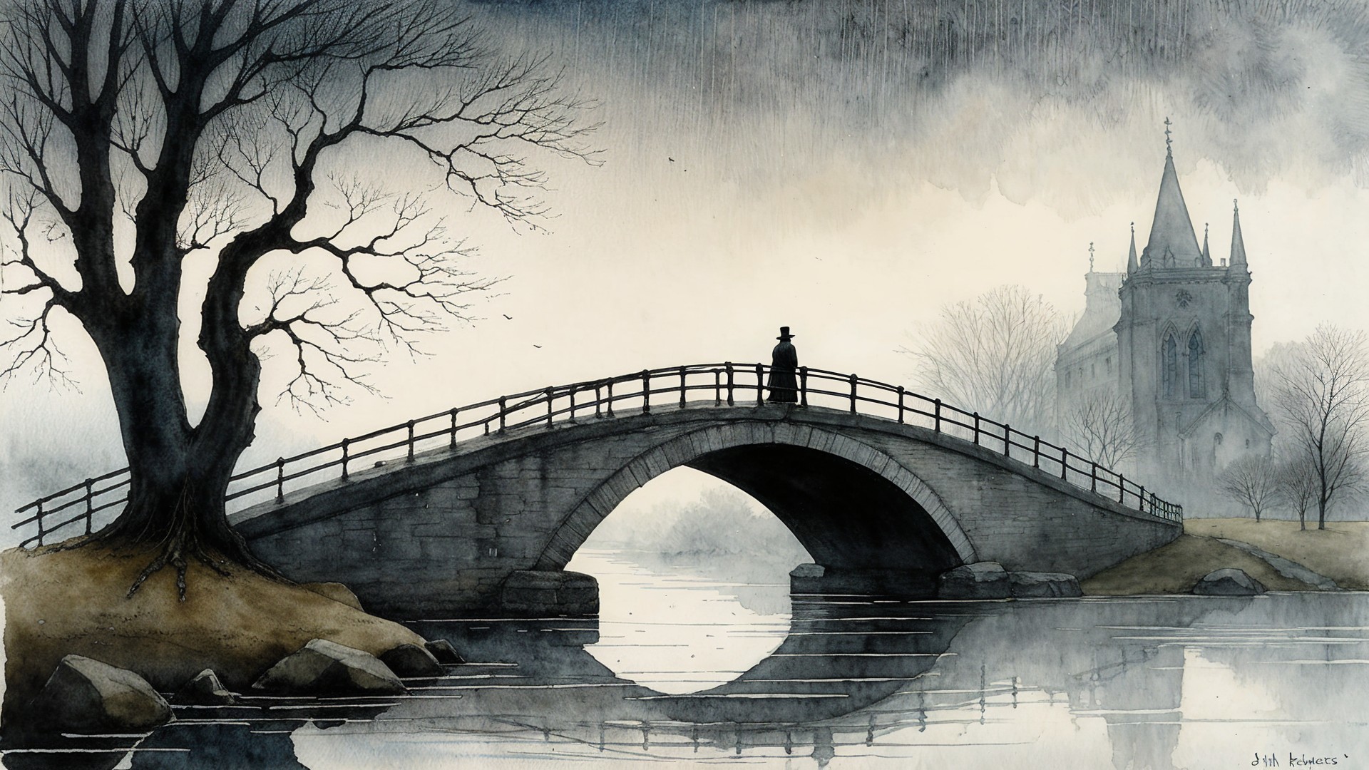 Misty Landscape with Stone Arch Bridge and Church