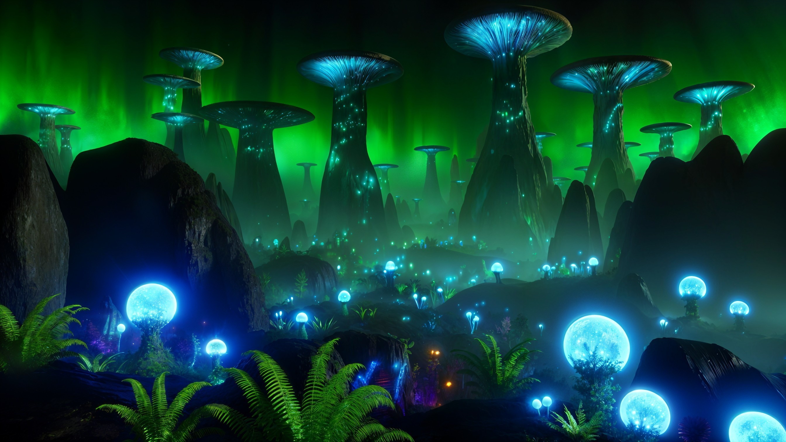 Vibrant Alien Landscape with Luminous Structures