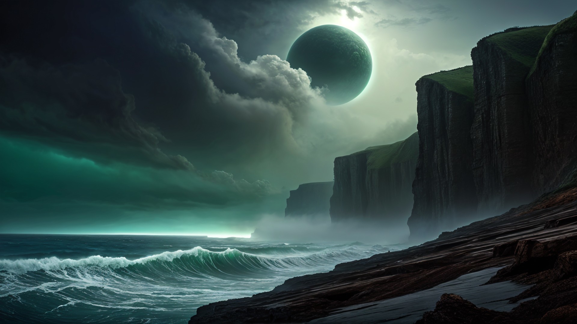 Dramatic Seascape with Cliffs and Cosmic Elements