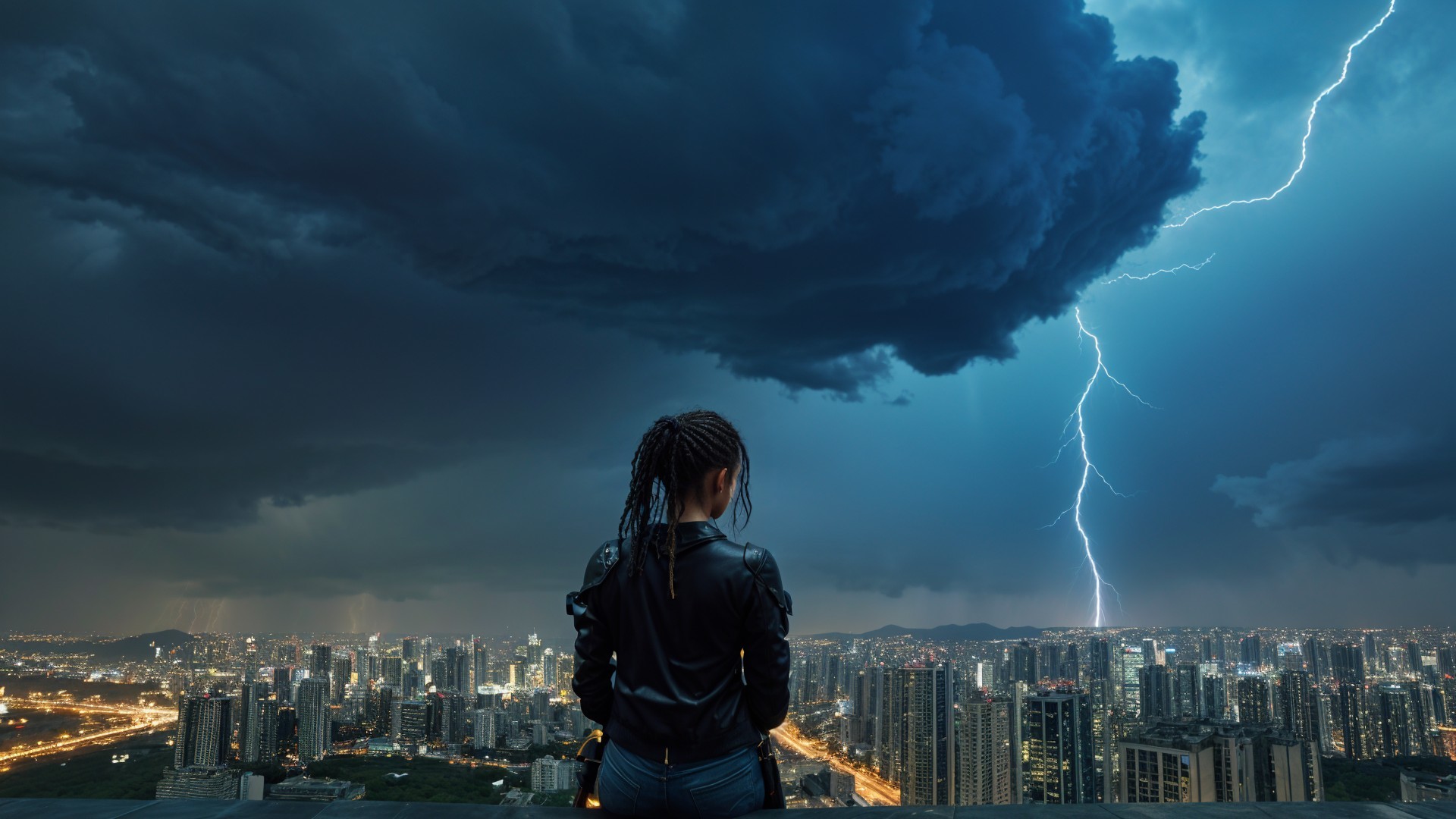 Woman on Rooftop Overlooking Stormy City Skyline
