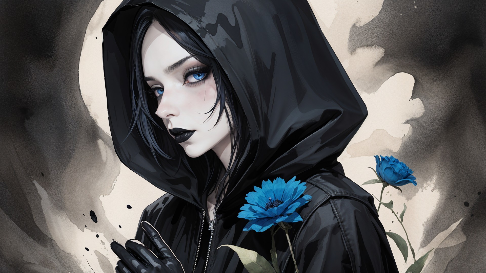 Mysterious Figure in Black Hooded Jacket with Blue Flowers