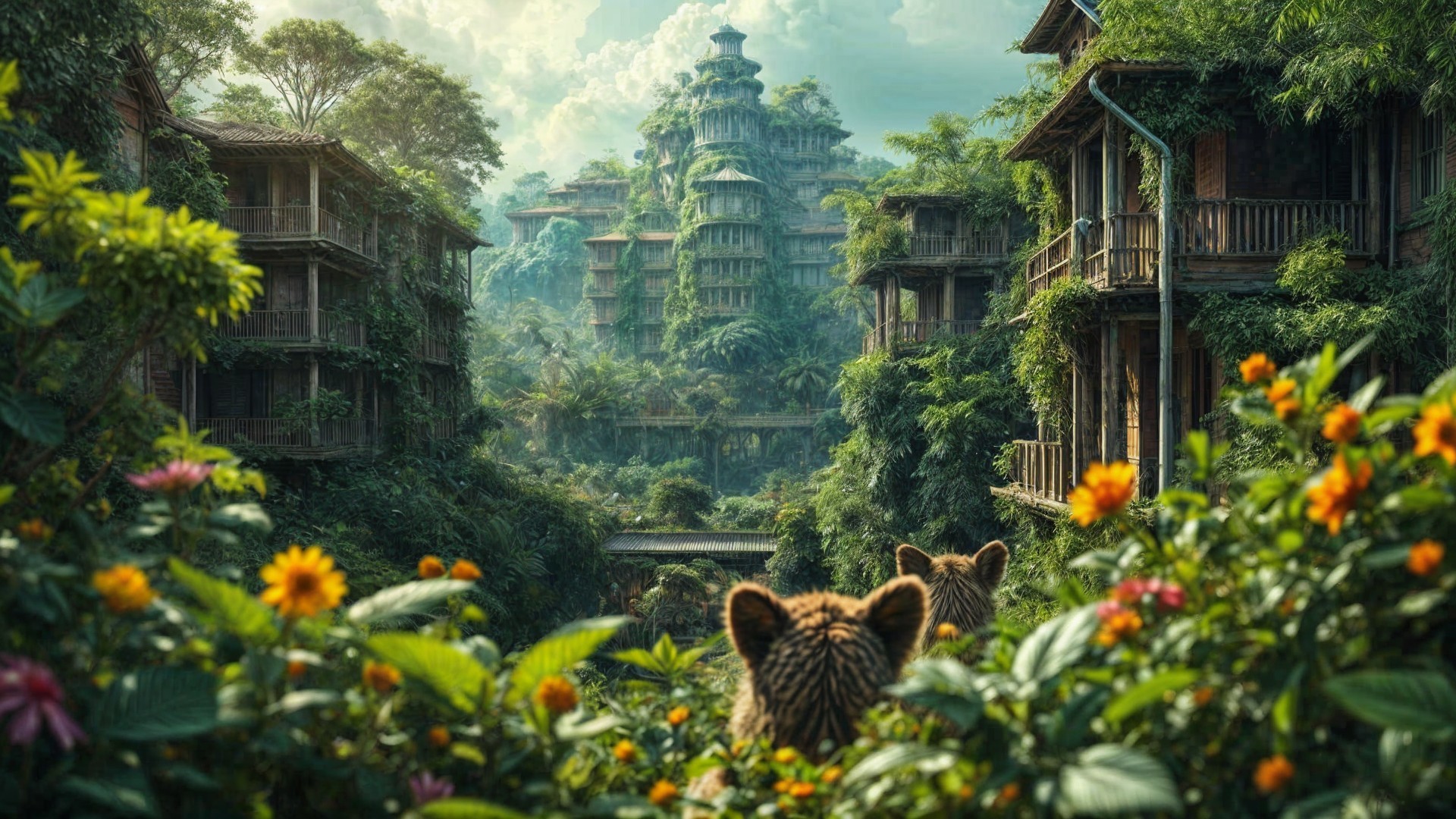 Ancient Buildings Surrounded by Lush Landscape and Tigers