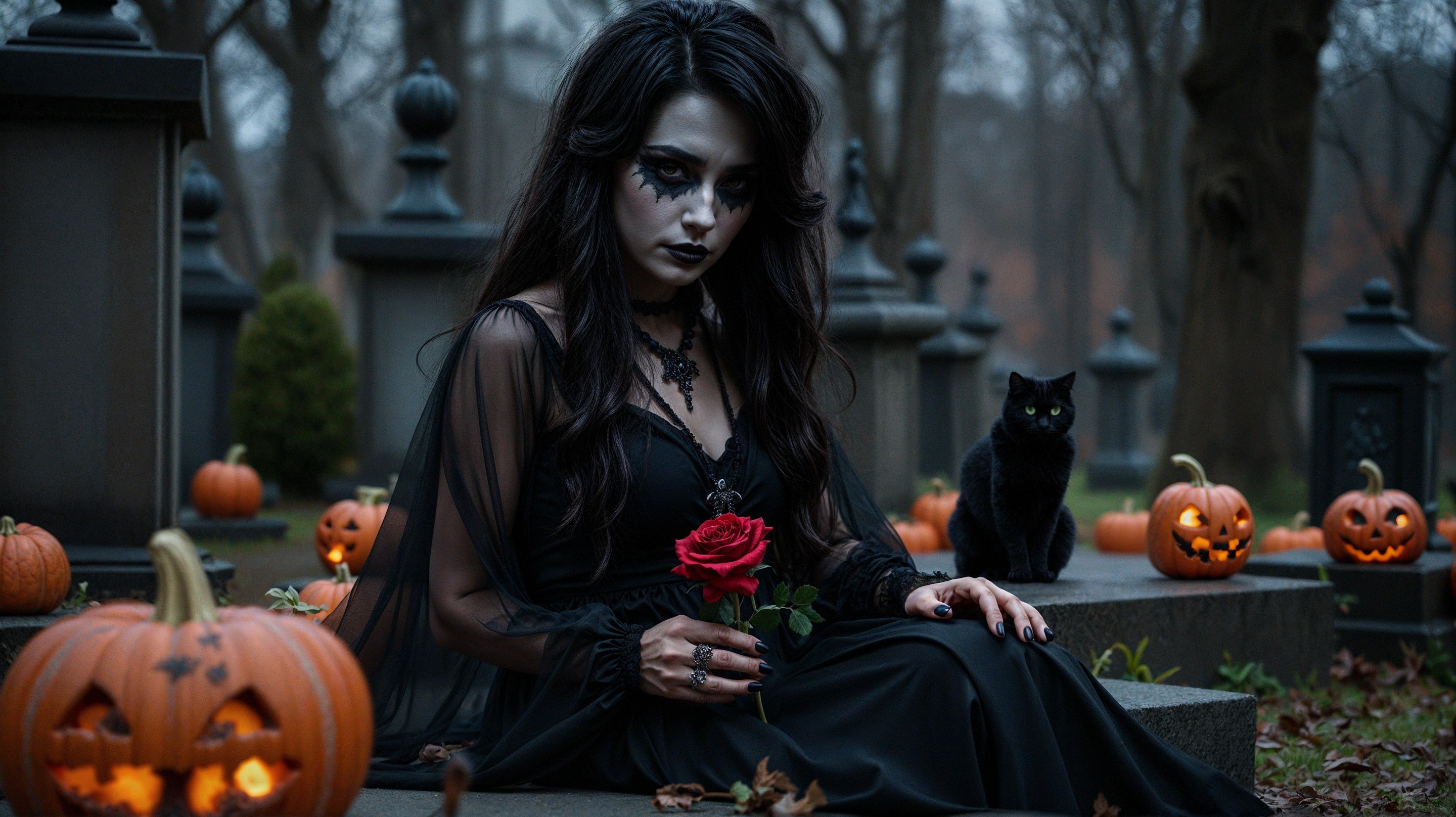 Gothic Scene of Woman in Black Gown Among Pumpkins