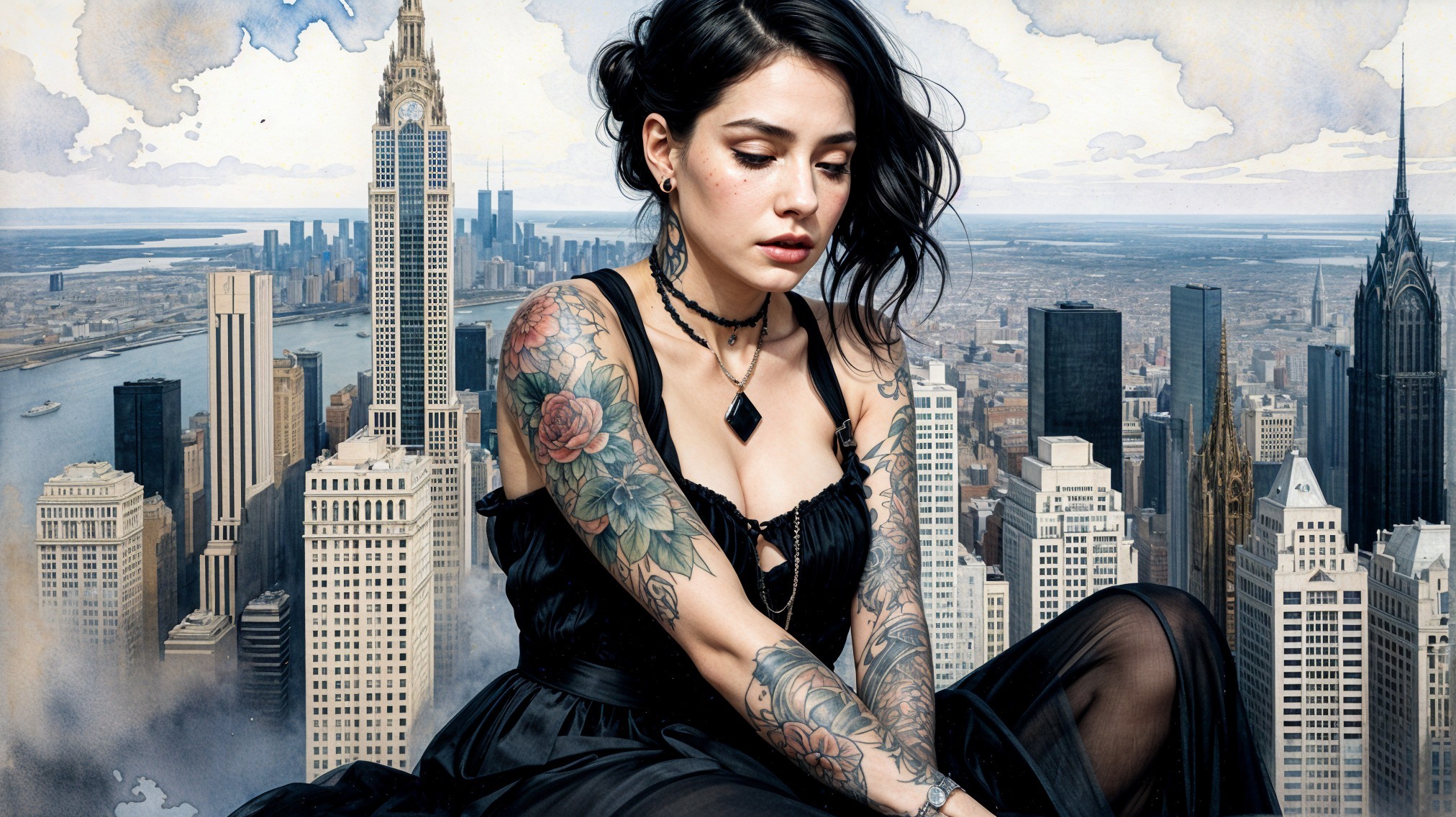 Young Woman in Black Dress Against City Skyline