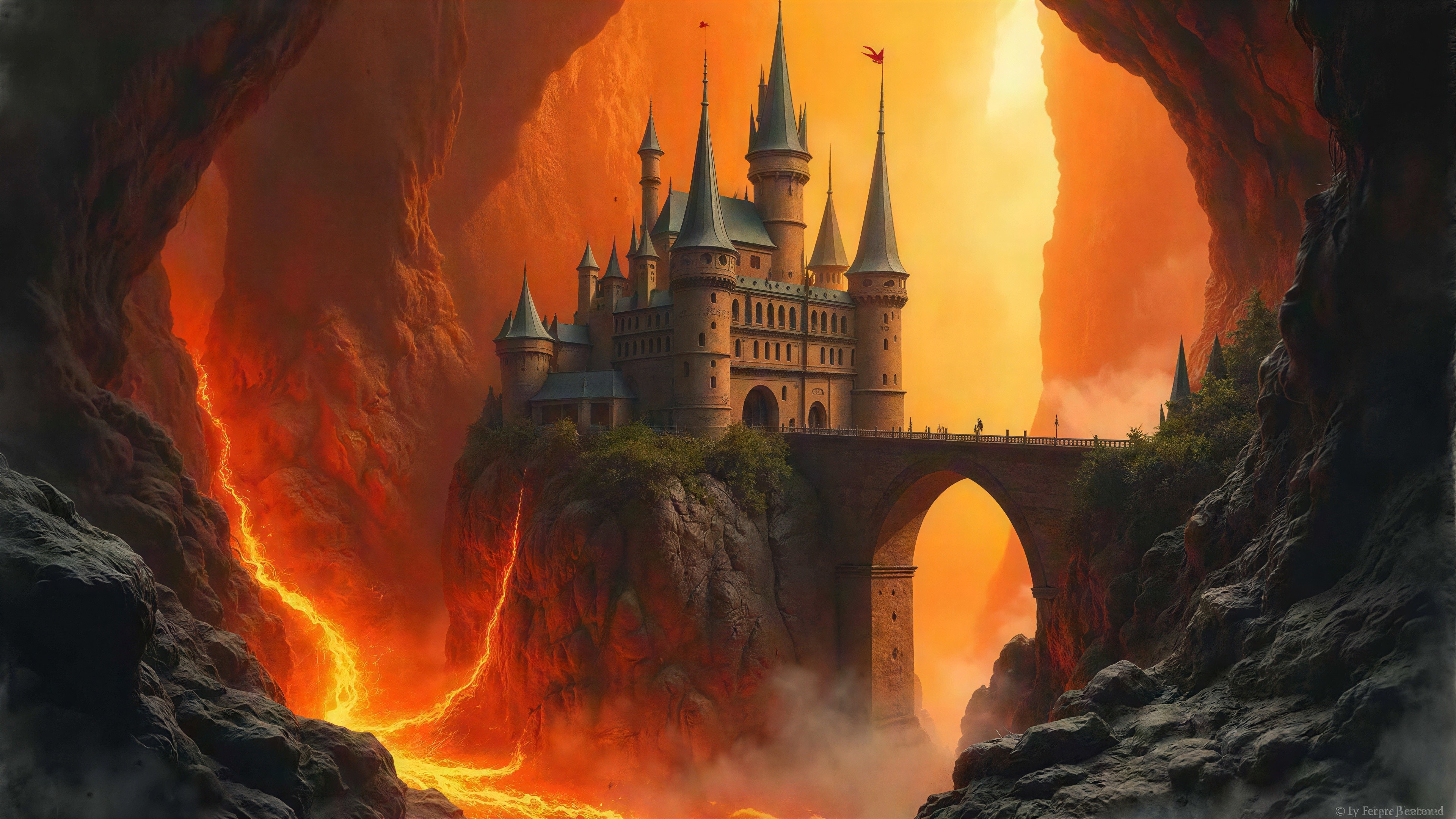 Fantasy Landscape with Castle and Lava River