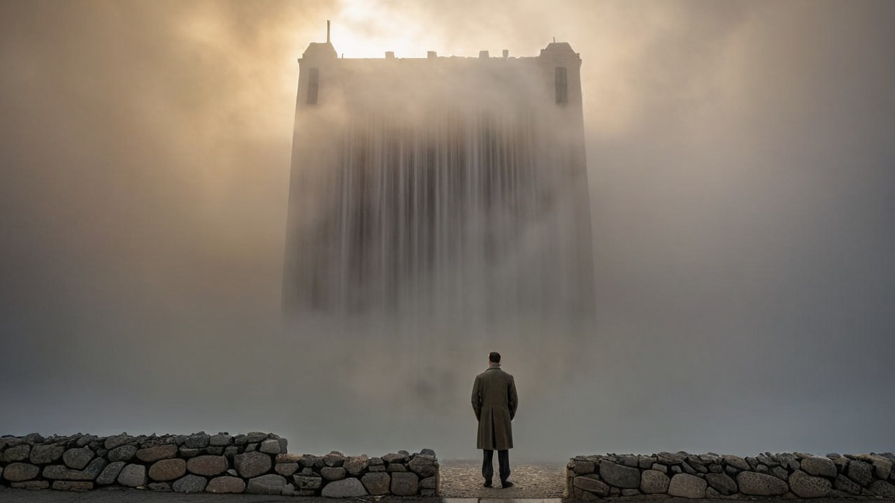 Solitary Figure Gazing at Misty Towering Structure