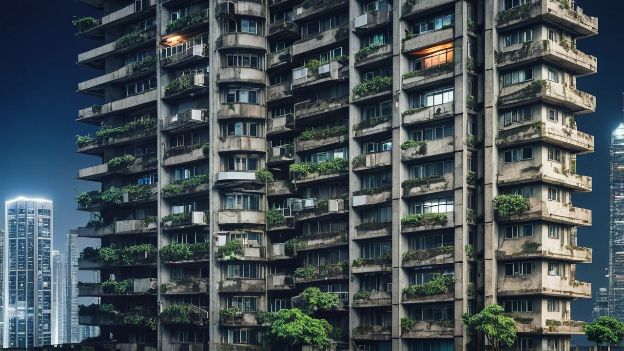 Concrete High-Rise with Greenery and Twilight Skyline