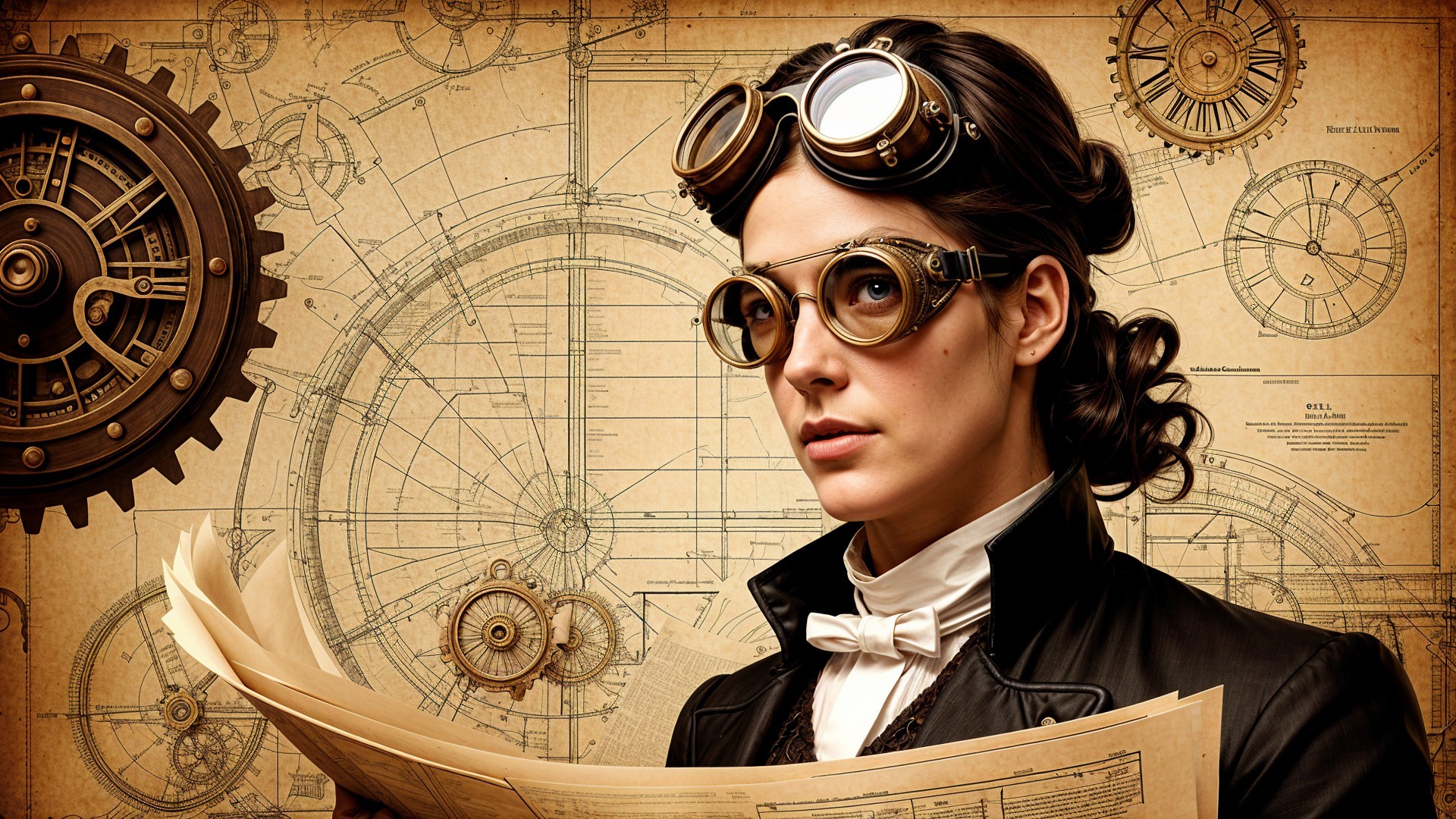 Woman in leather jacket with engineering blueprints