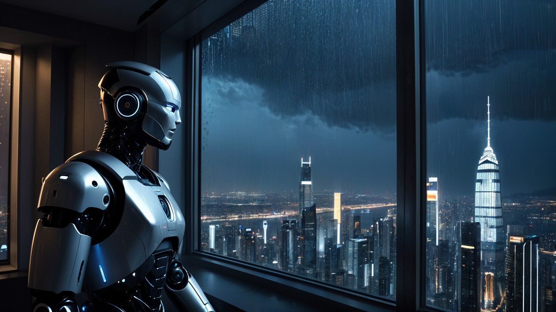 Futuristic Robot Overlooking Rainy Cityscape at Night