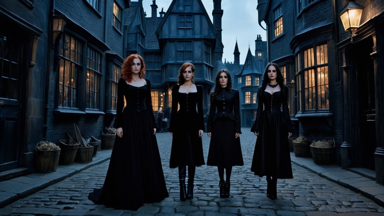 Victorian Women in Dark Dresses on Cobblestone Street