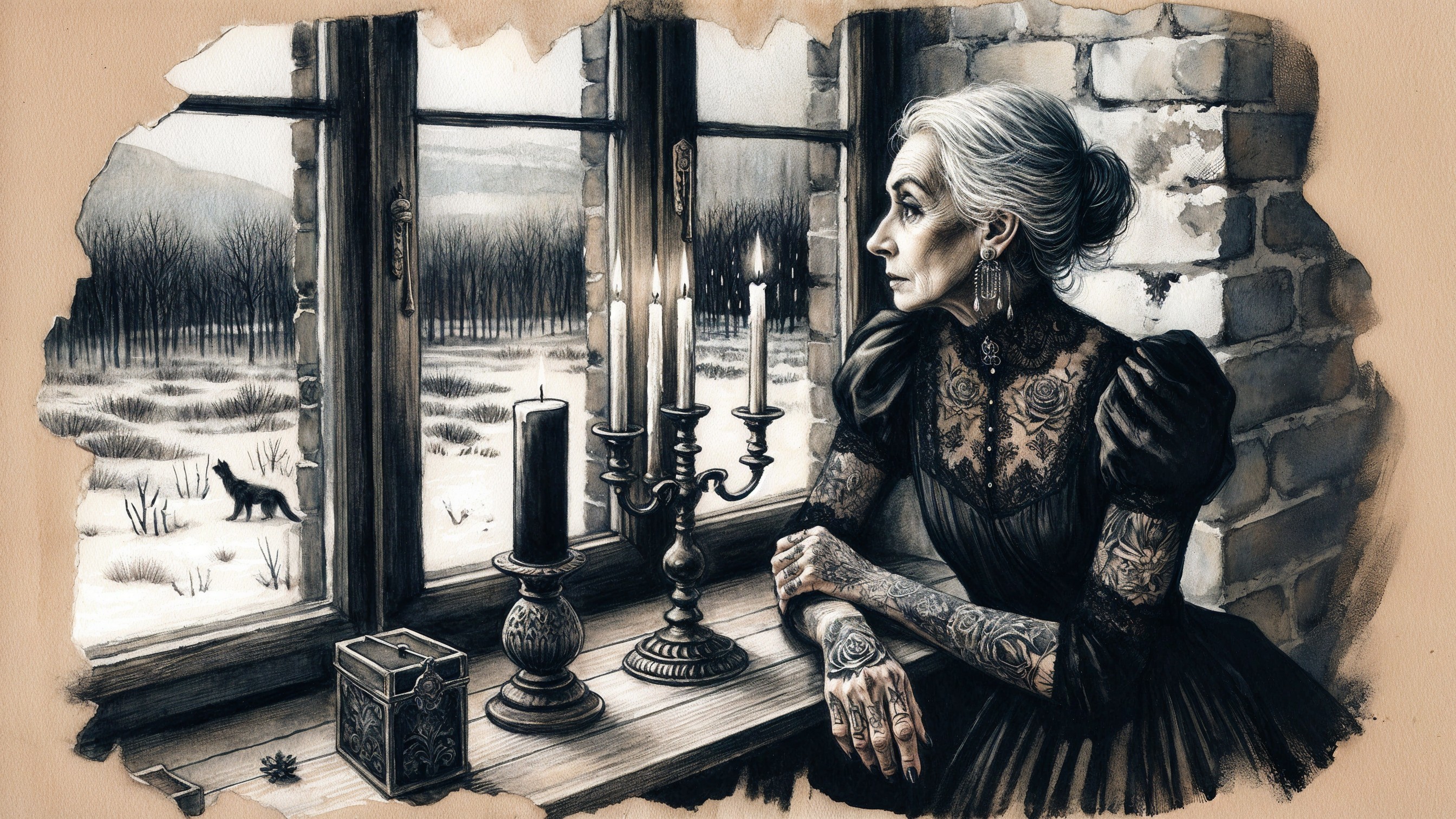 Elderly Woman with Tattoos by Candlelit Window
