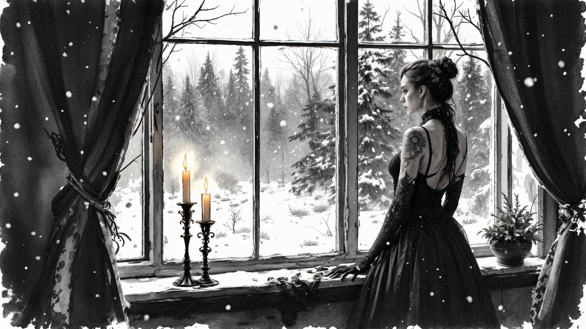 Woman in Black Gown by Window in Snowy Landscape