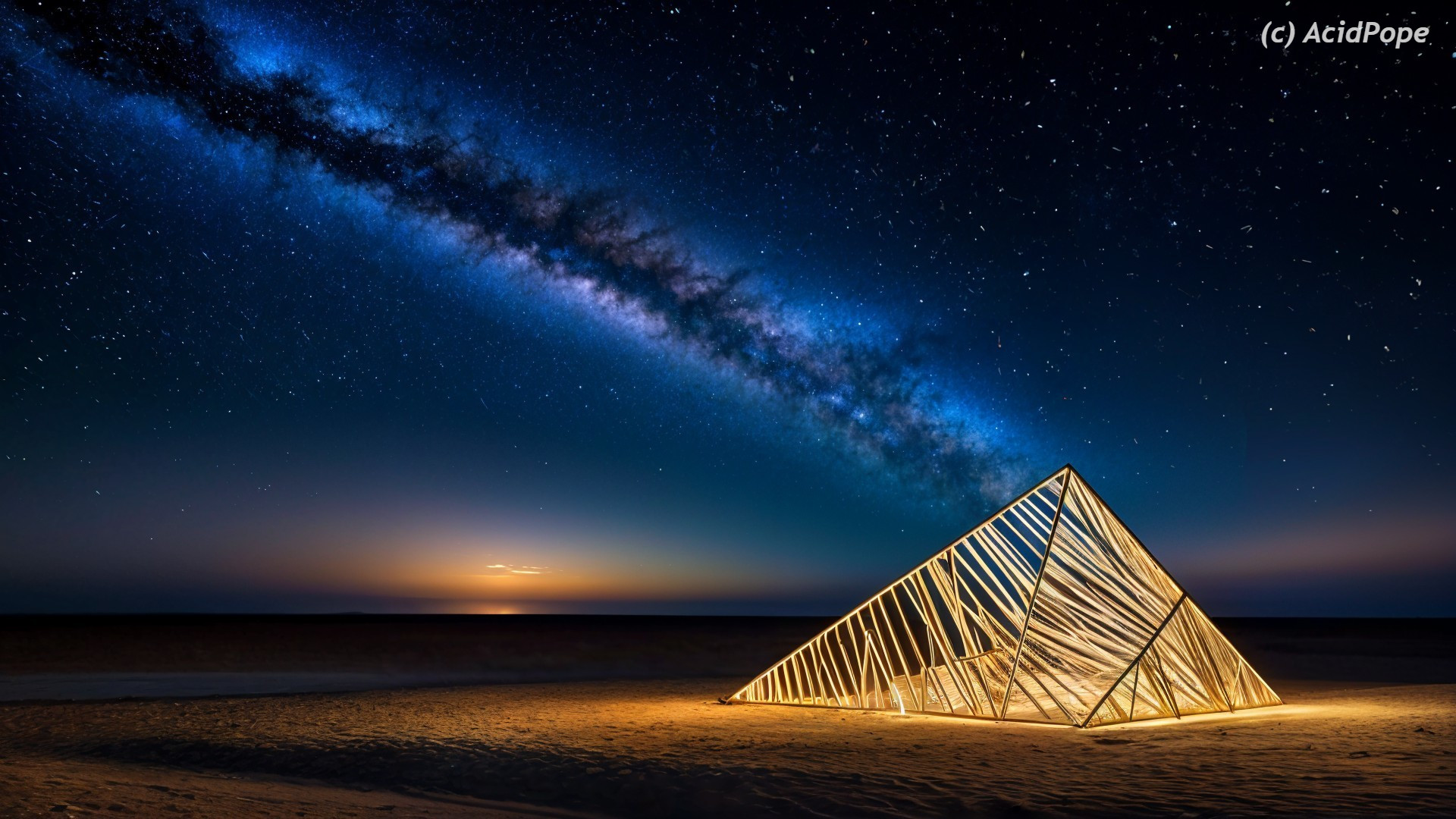 Pyramidal Wooden Structure on Beach Under Starry Sky