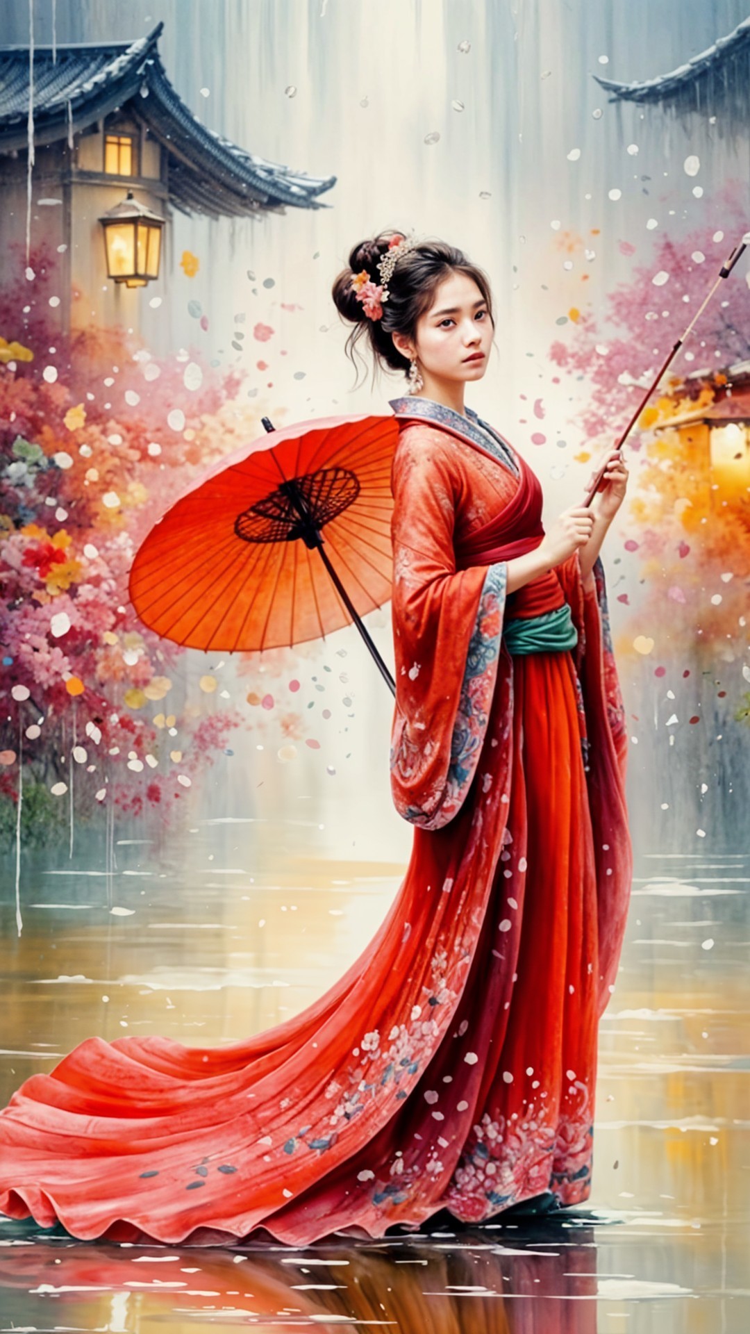 Young Woman in Red Kimono by Tranquil Pond
