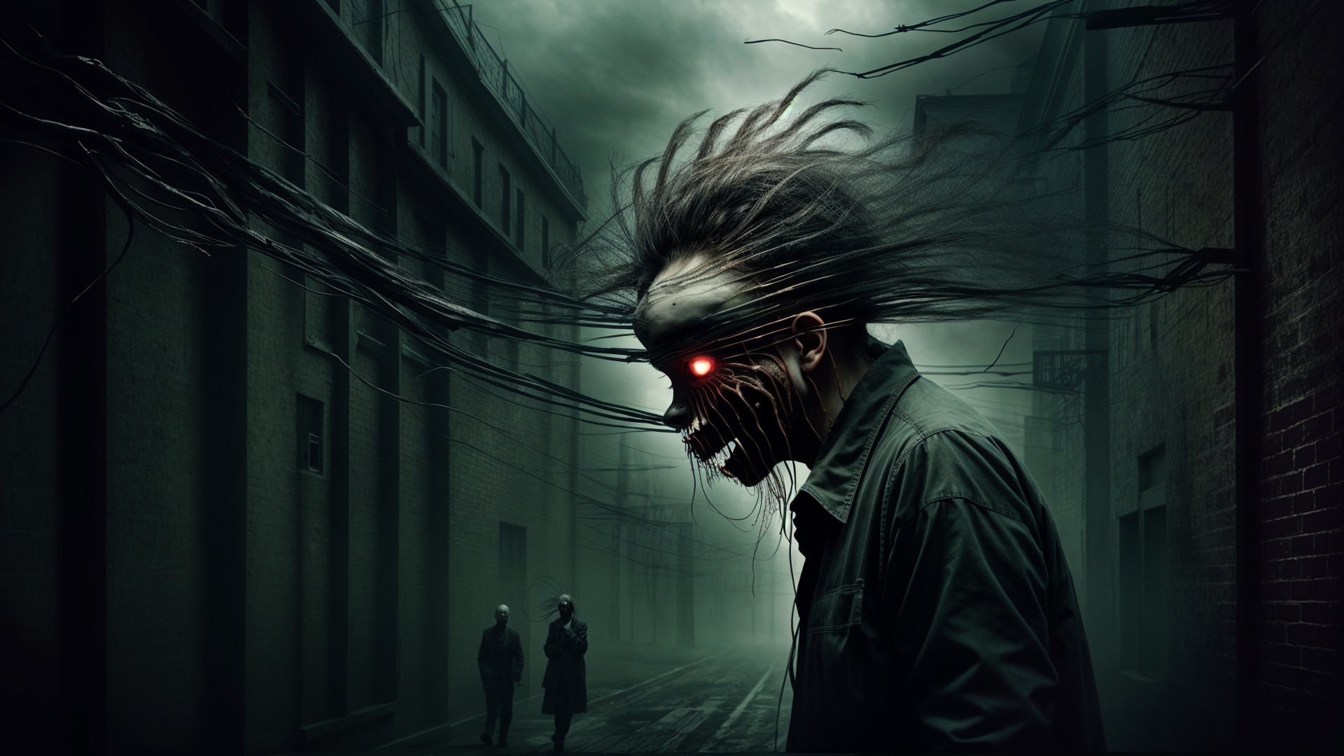 Grotesque Figure with Red Eyes in Dark Alleyway