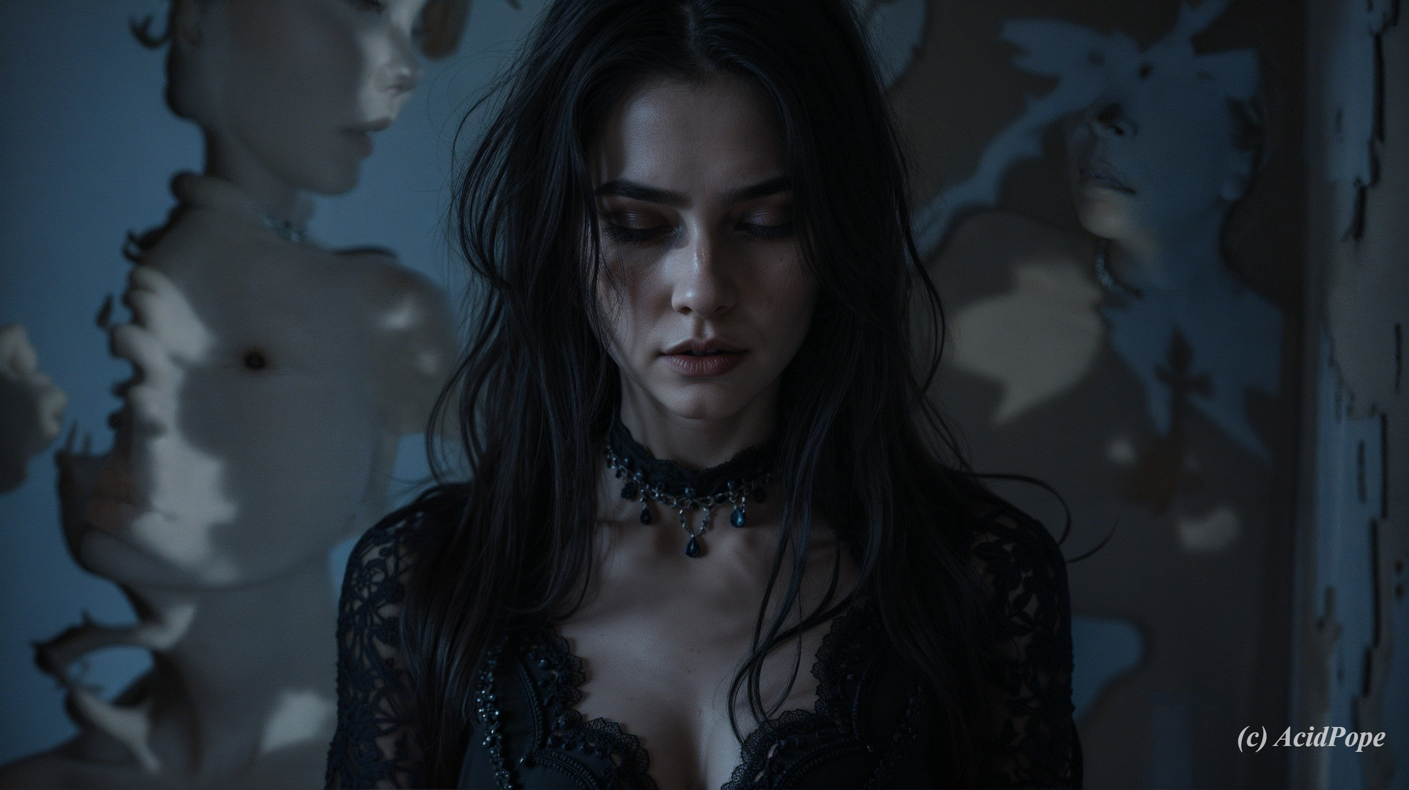 Somber Young Woman in Ethereal Lace Garment