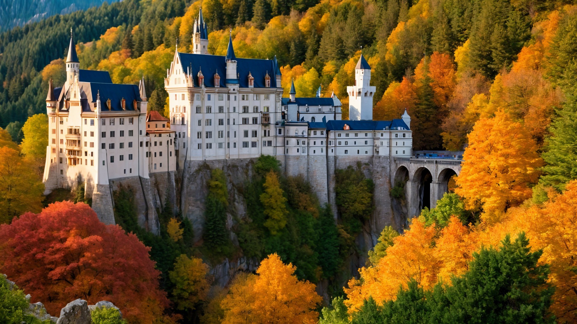 Fairy Tale Castle on Rocky Cliff with Autumn Foliage