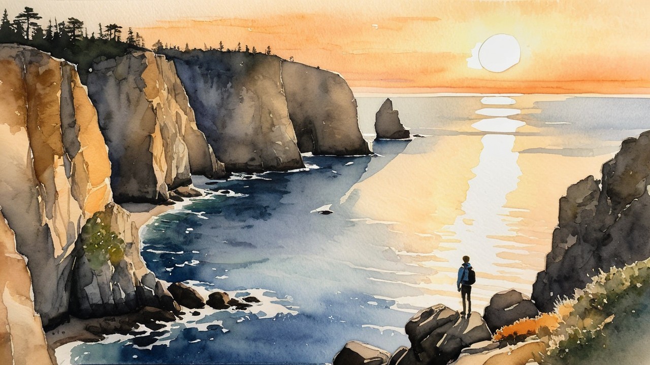 Watercolor Scene of Solitary Figure at Sunset