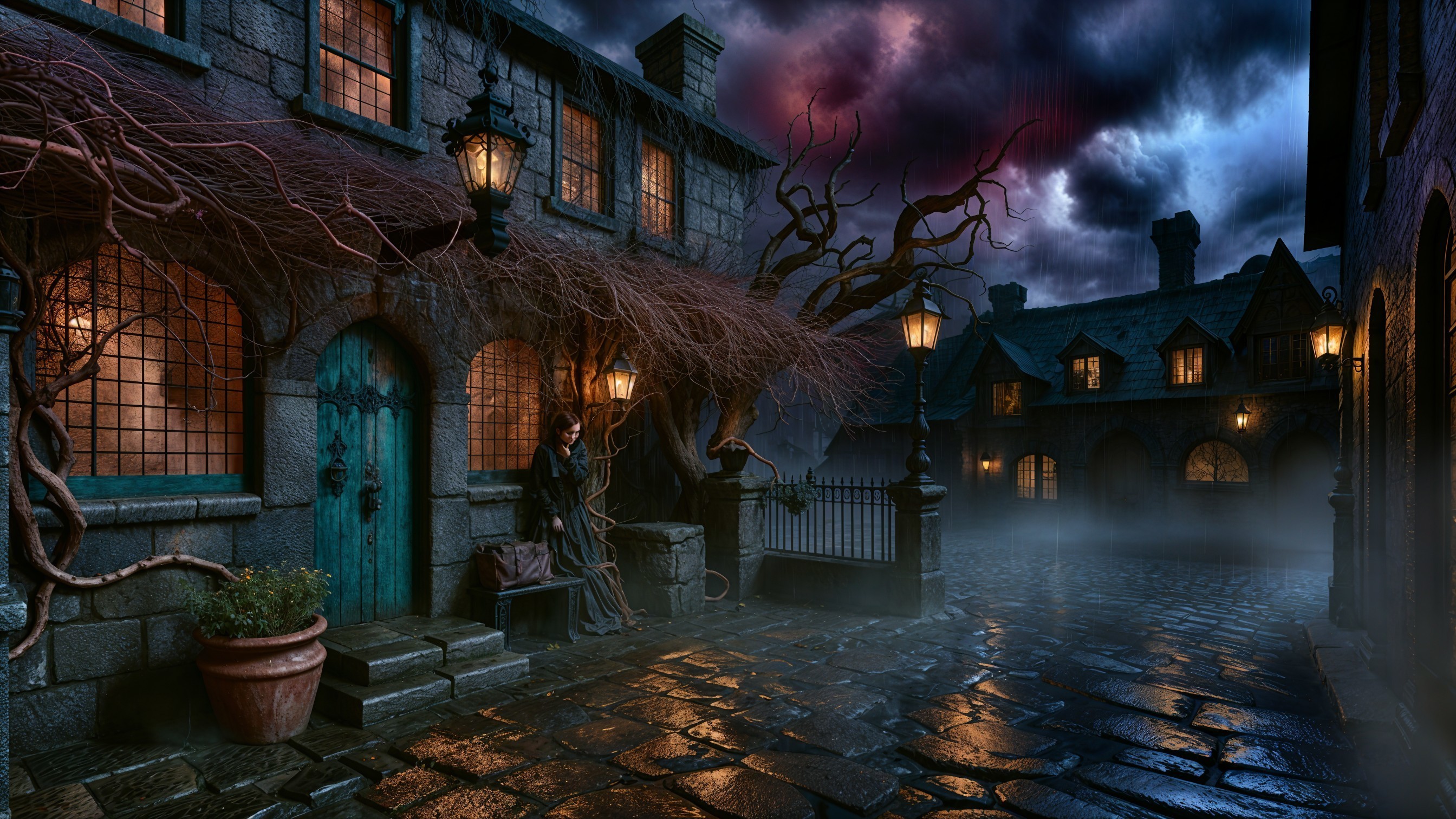 Eerie Twilight Street Scene with Cobblestone Paths