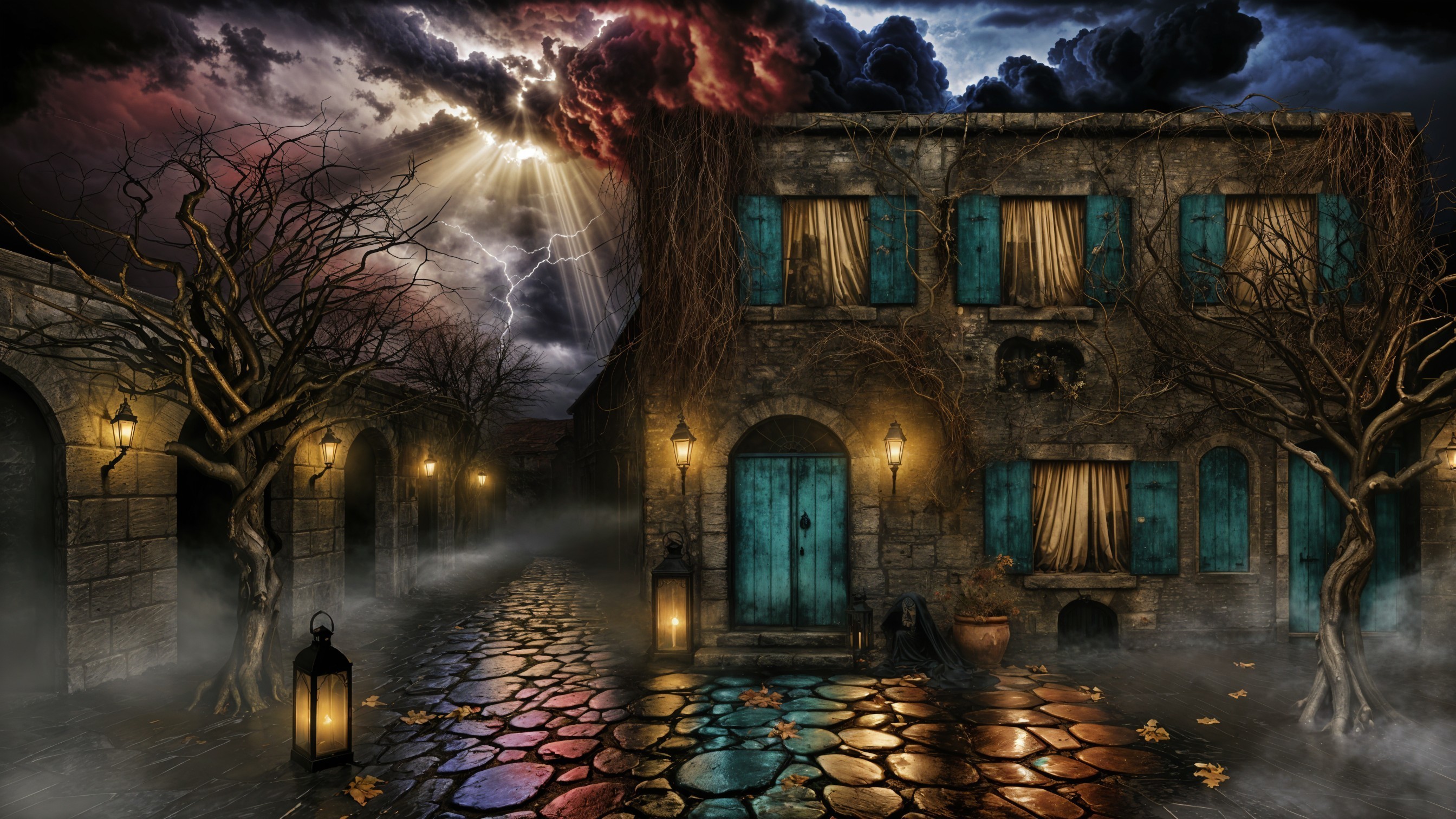 Moody Cobblestone Street with Leafless Trees and Mist