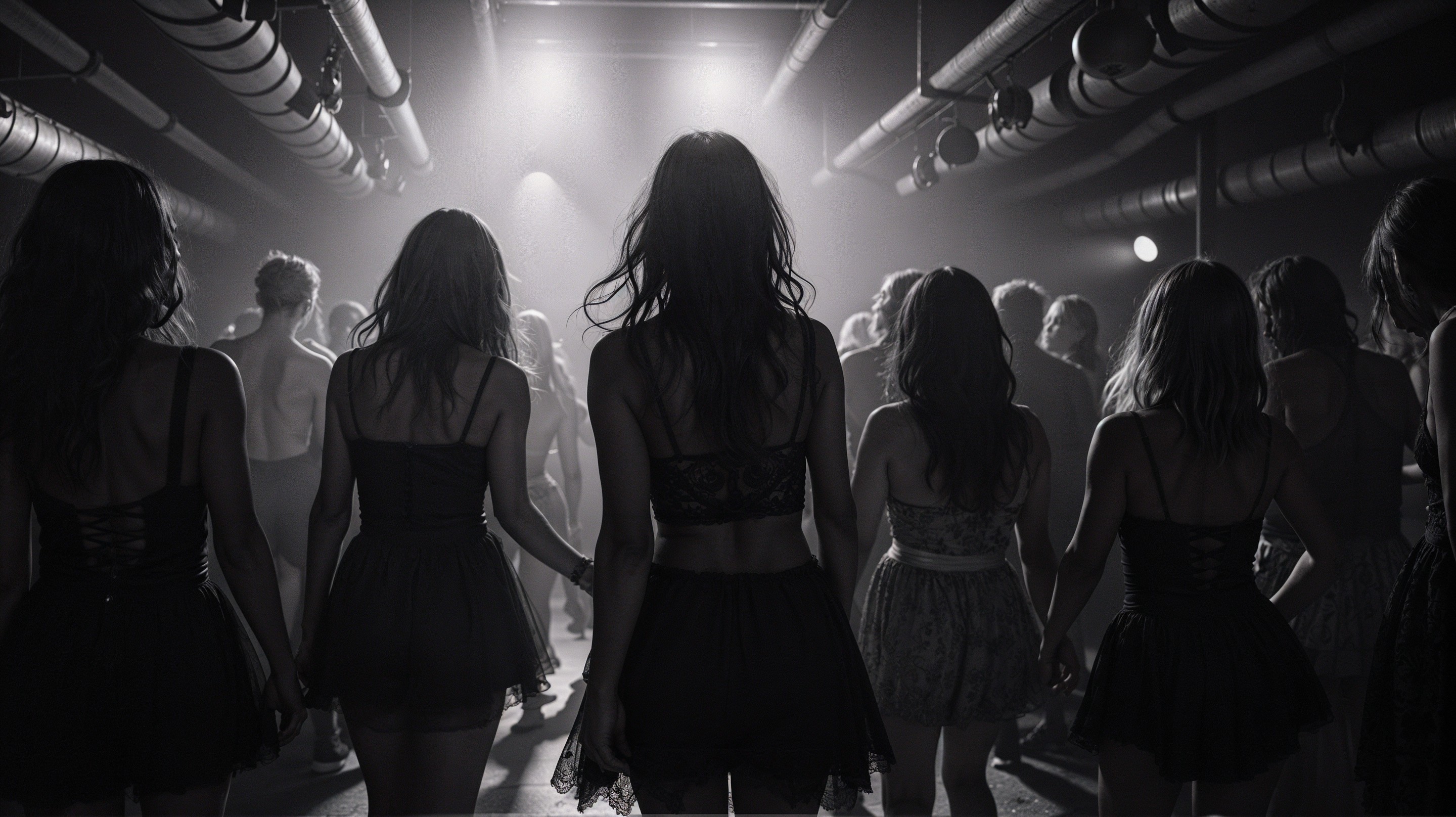 Elegant Women in Dark Outfits at Dimly Lit Venue