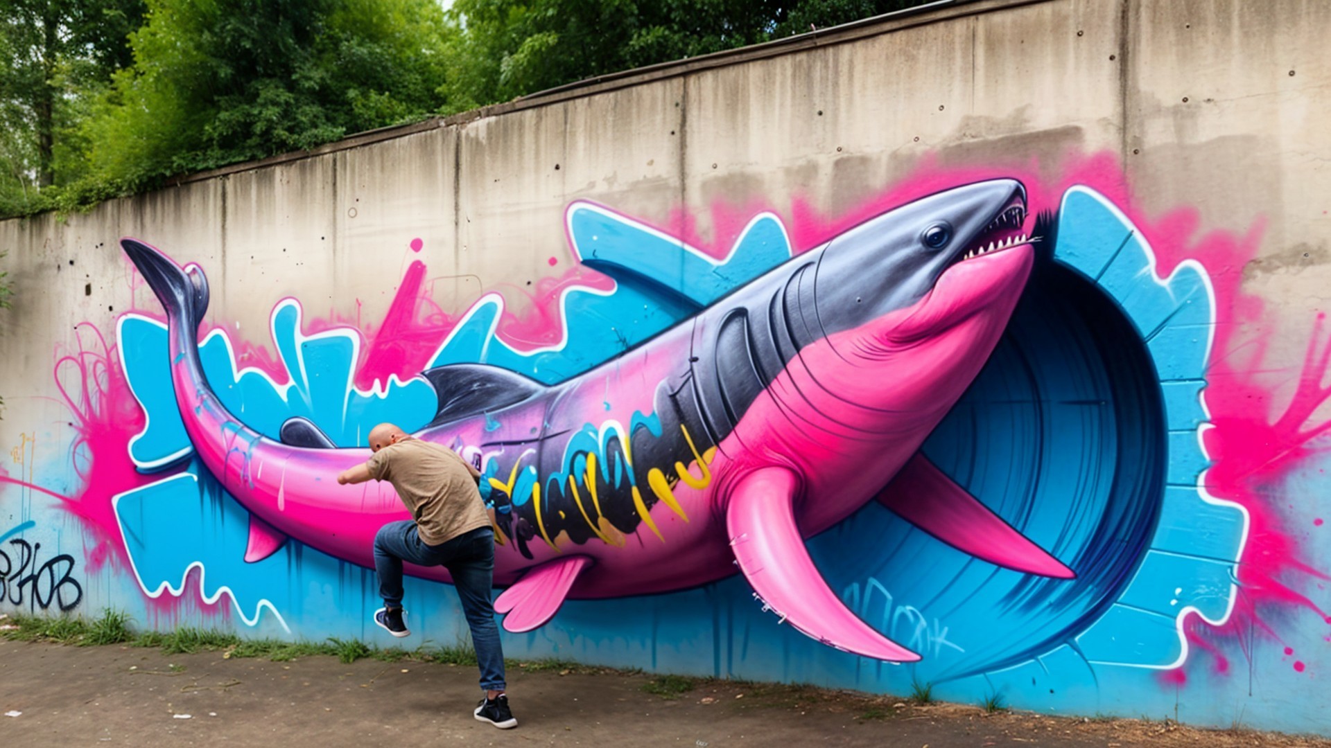 Vibrant Mural of Oversized Shark in Circular Tunnel