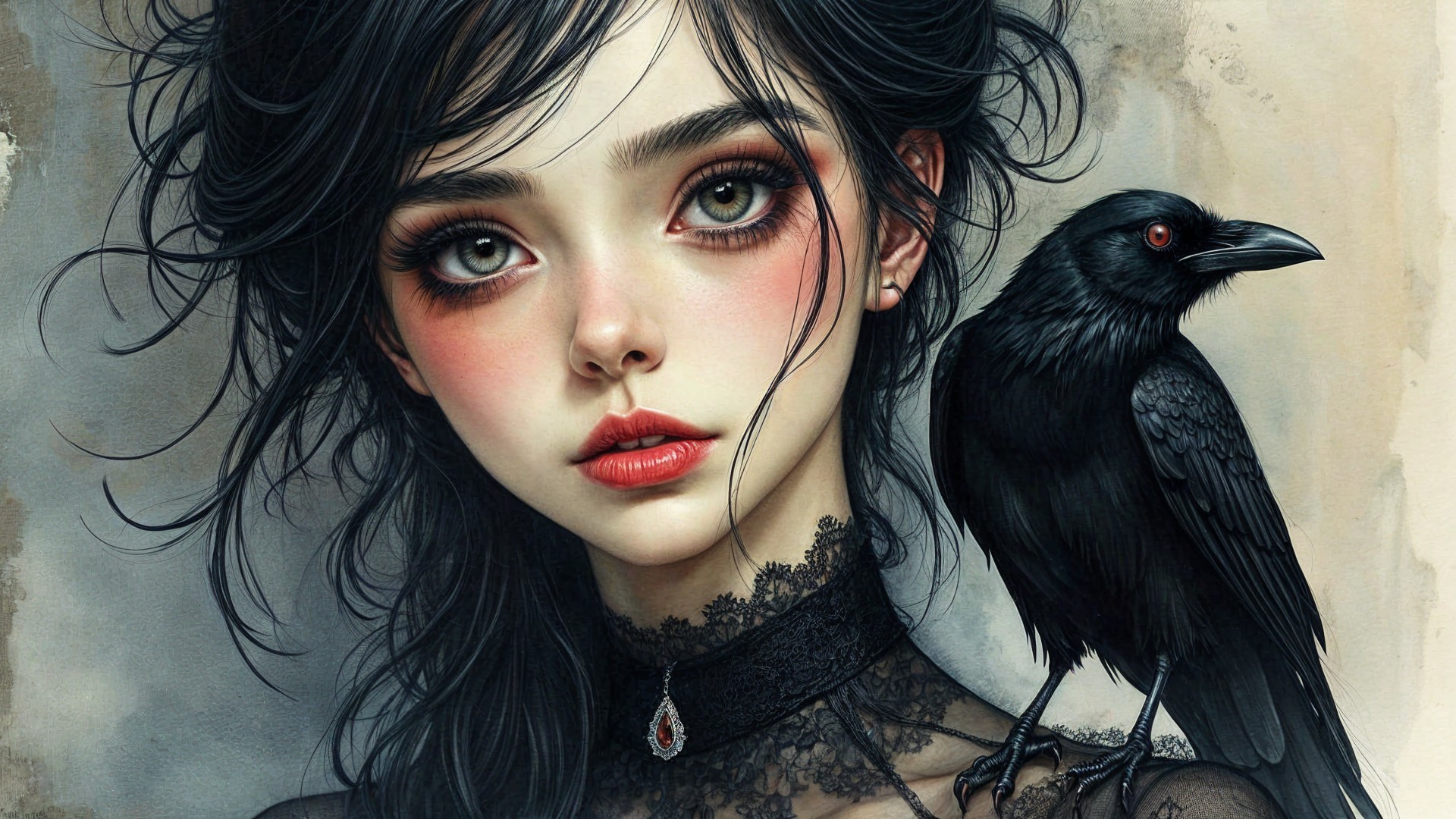 Young Woman in Lace with Raven in Mysterious Setting