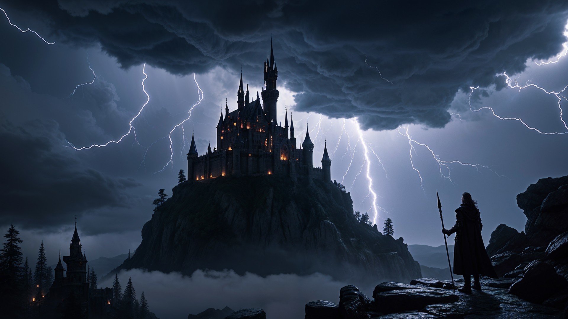 Stormy Landscape with Castle and Silhouetted Figure