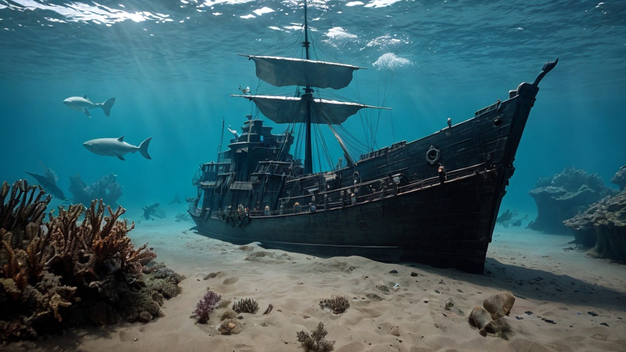 Sunken pirate ship surrounded by coral reefs and fish