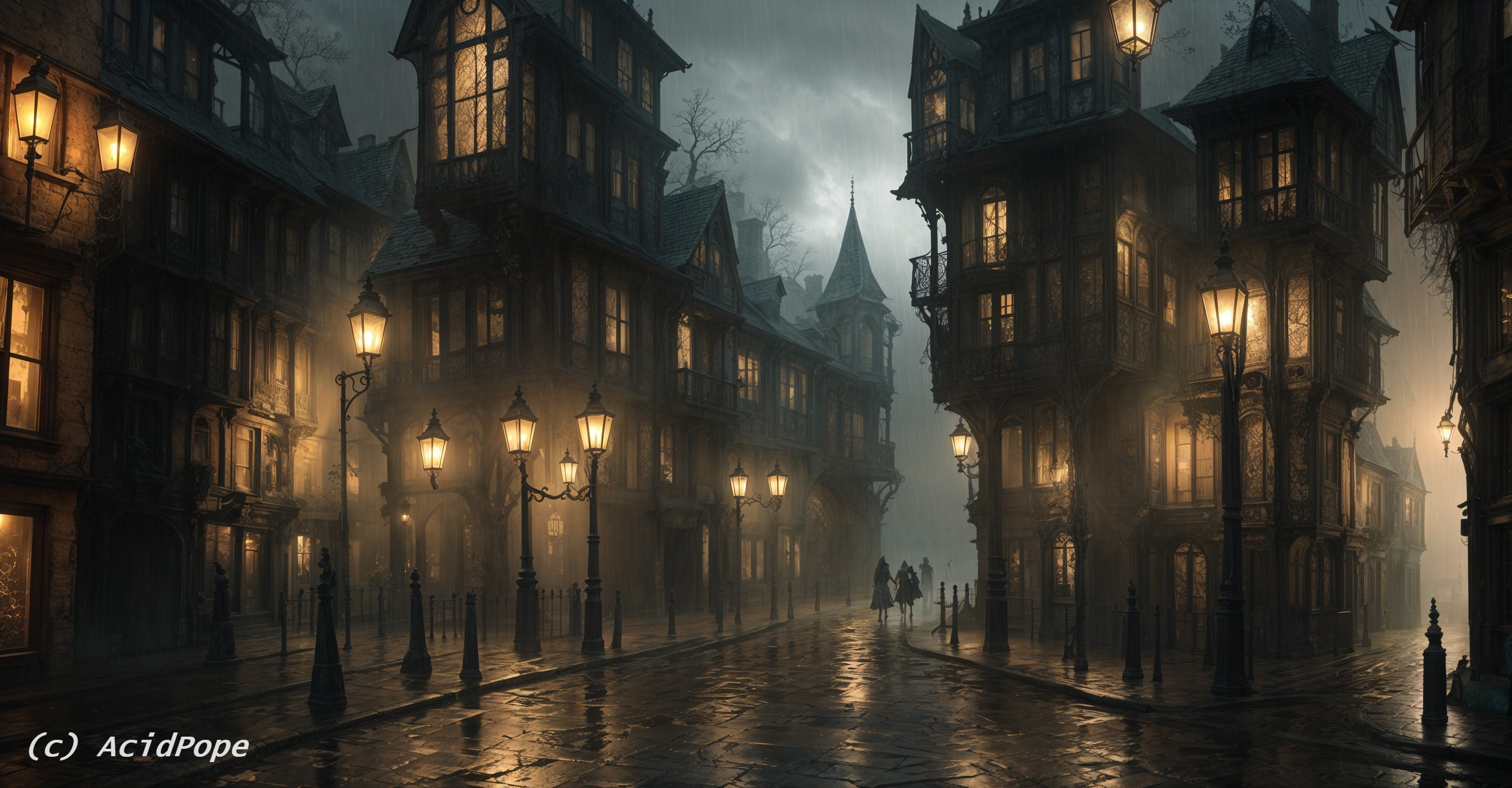 Gothic Street Scene with Mist and Rainy Atmosphere