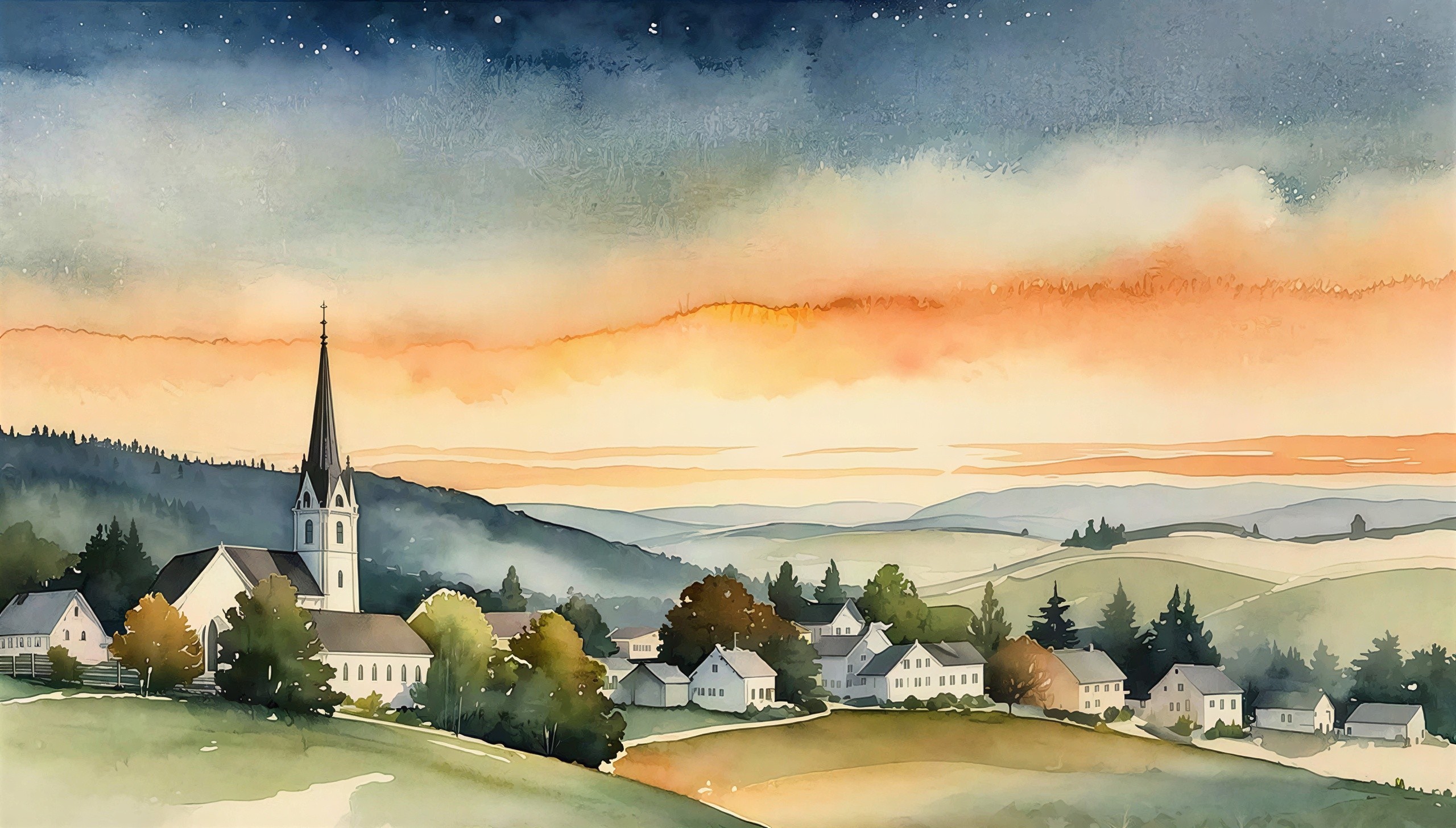 Watercolor Painting of a Village at Twilight