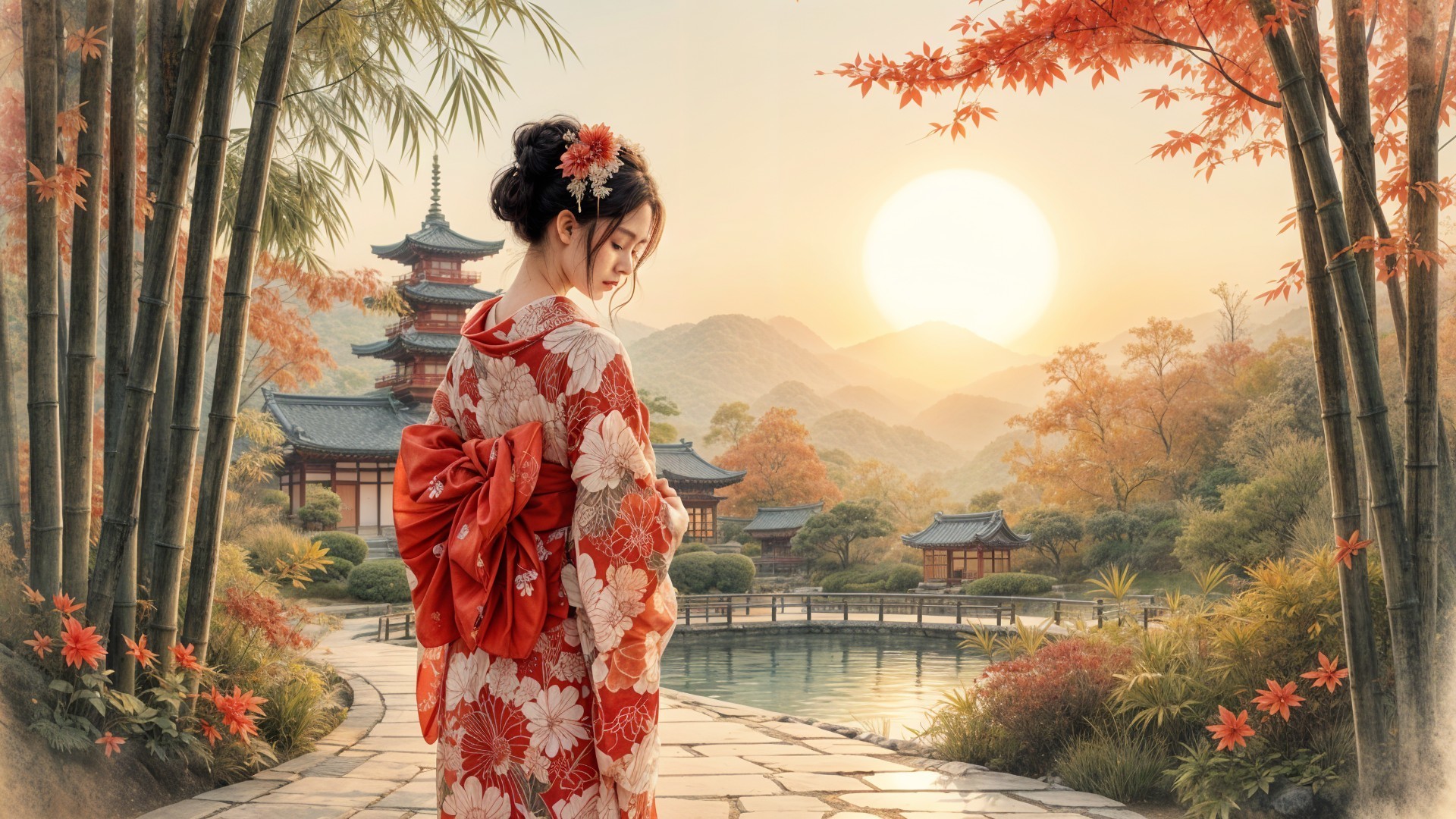 Woman in Red Kimono by Tranquil Pond at Sunset