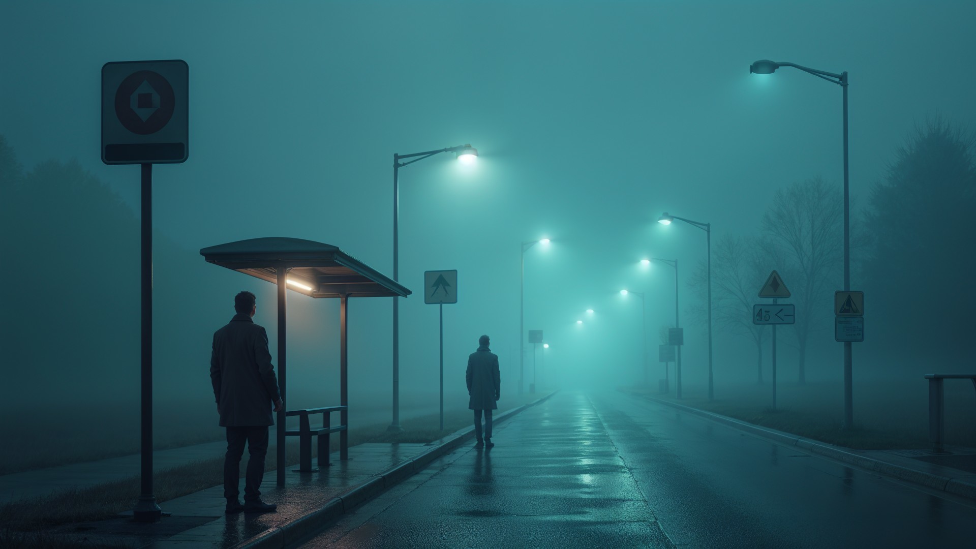 Foggy Bus Stop Scene with Dim Lighting and Trees