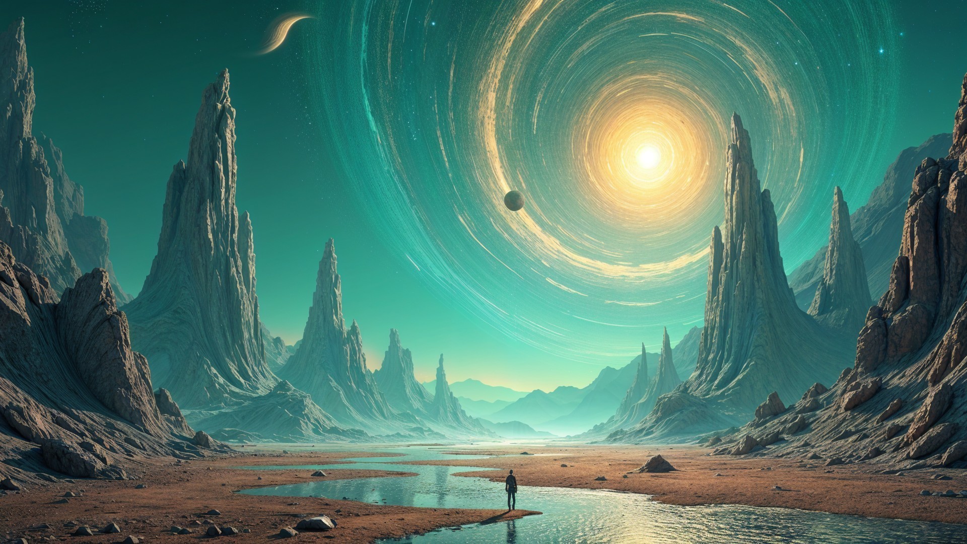 Surreal Landscape with Cosmic Vortex and River