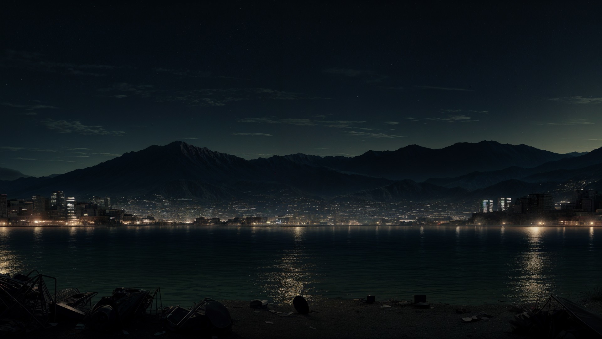 Serene Night Scene by a Lake with Mountains and City Lights